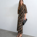 Topshop curved waistband chiffon t-shirt maxi dress in brown warped check print