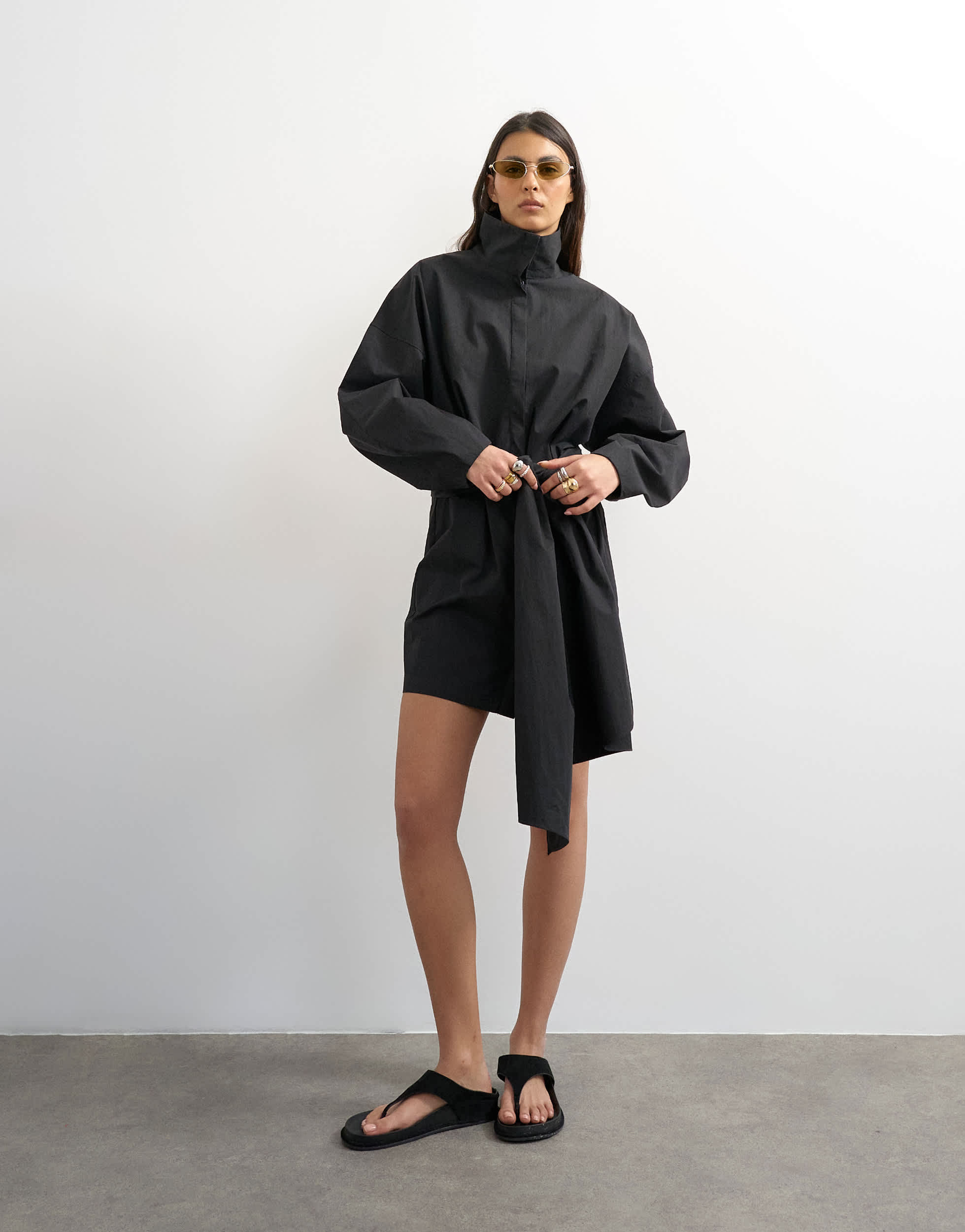 Topshop Langarm-Shirtkleid mit Trichterkragen und Wickel-Detail in Anthrazitgrau