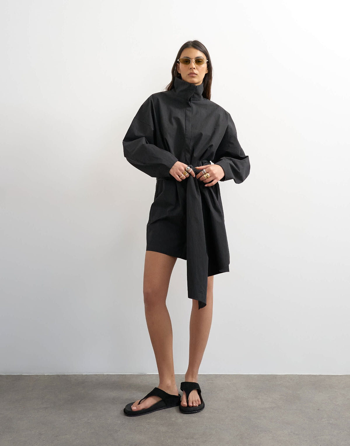 Topshop long sleeve funnel neck shirt dress with wrap detail in charcoal grey