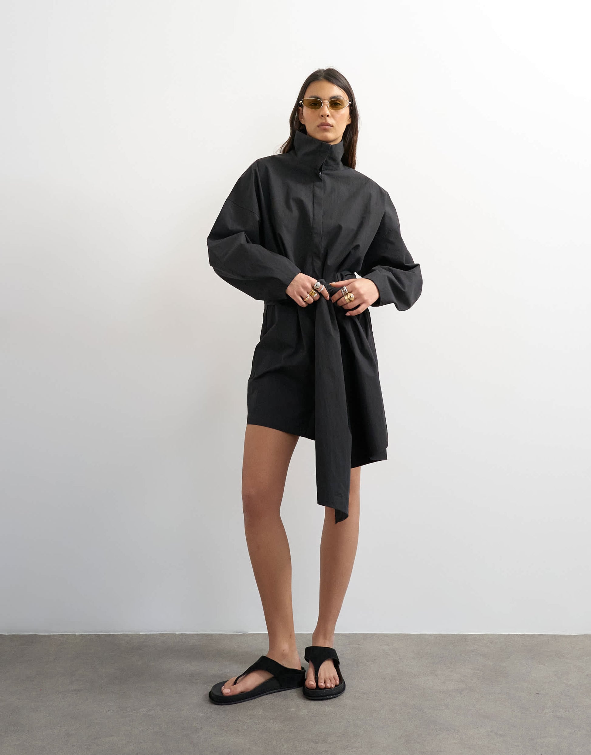 Topshop long sleeve funnel neck shirt dress with wrap detail in charcoal grey