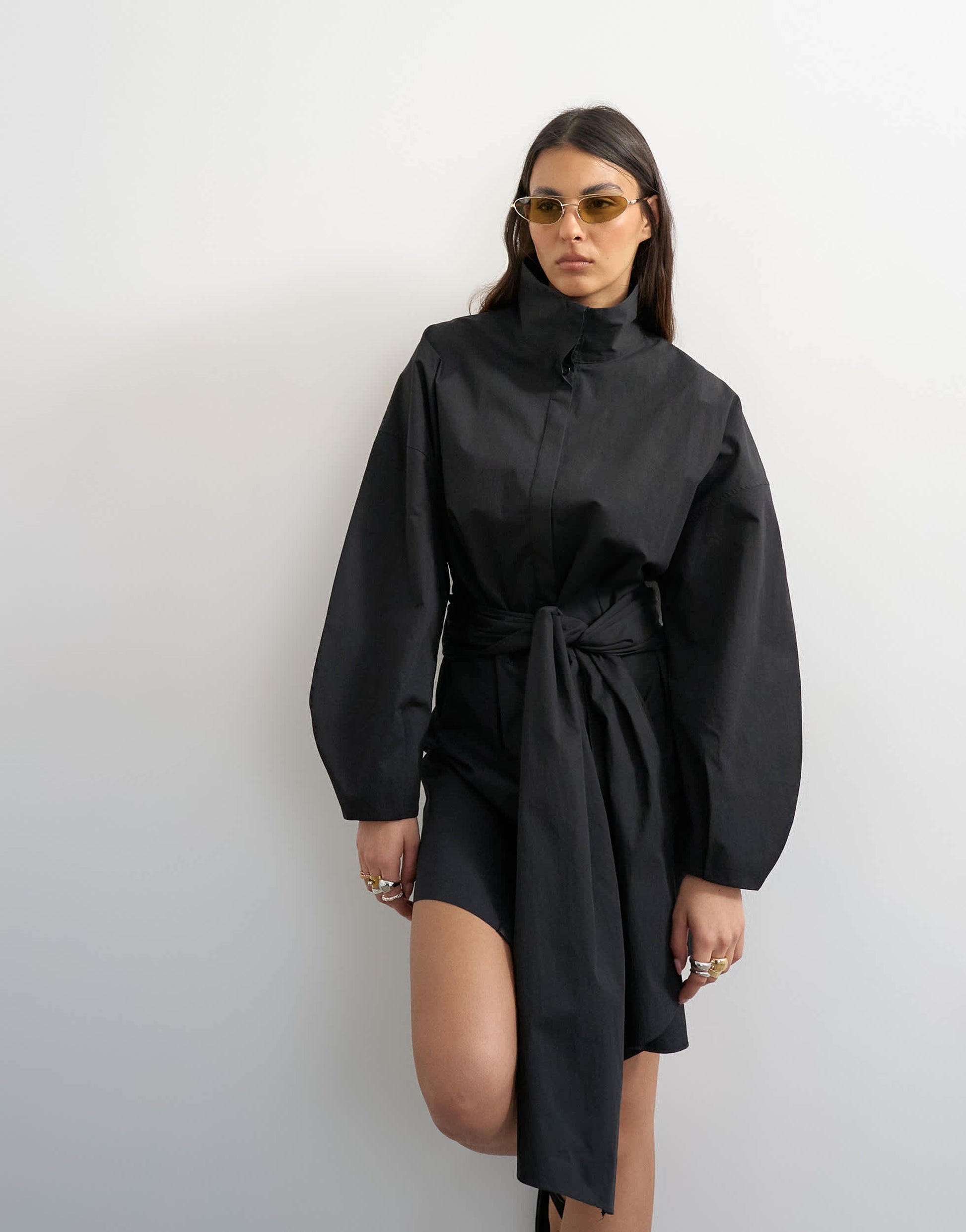 Topshop long sleeve funnel neck shirt dress with wrap detail in charco