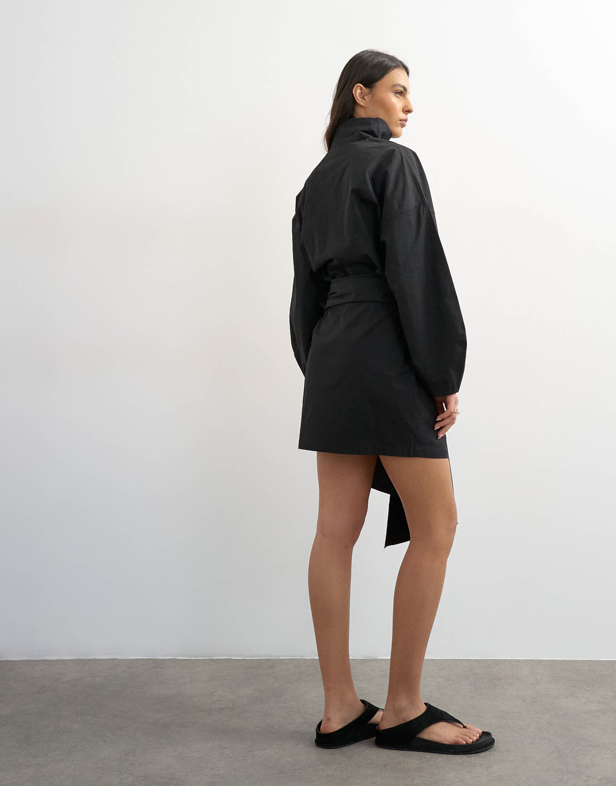 Topshop long sleeve funnel neck shirt dress with wrap detail in charcoal grey