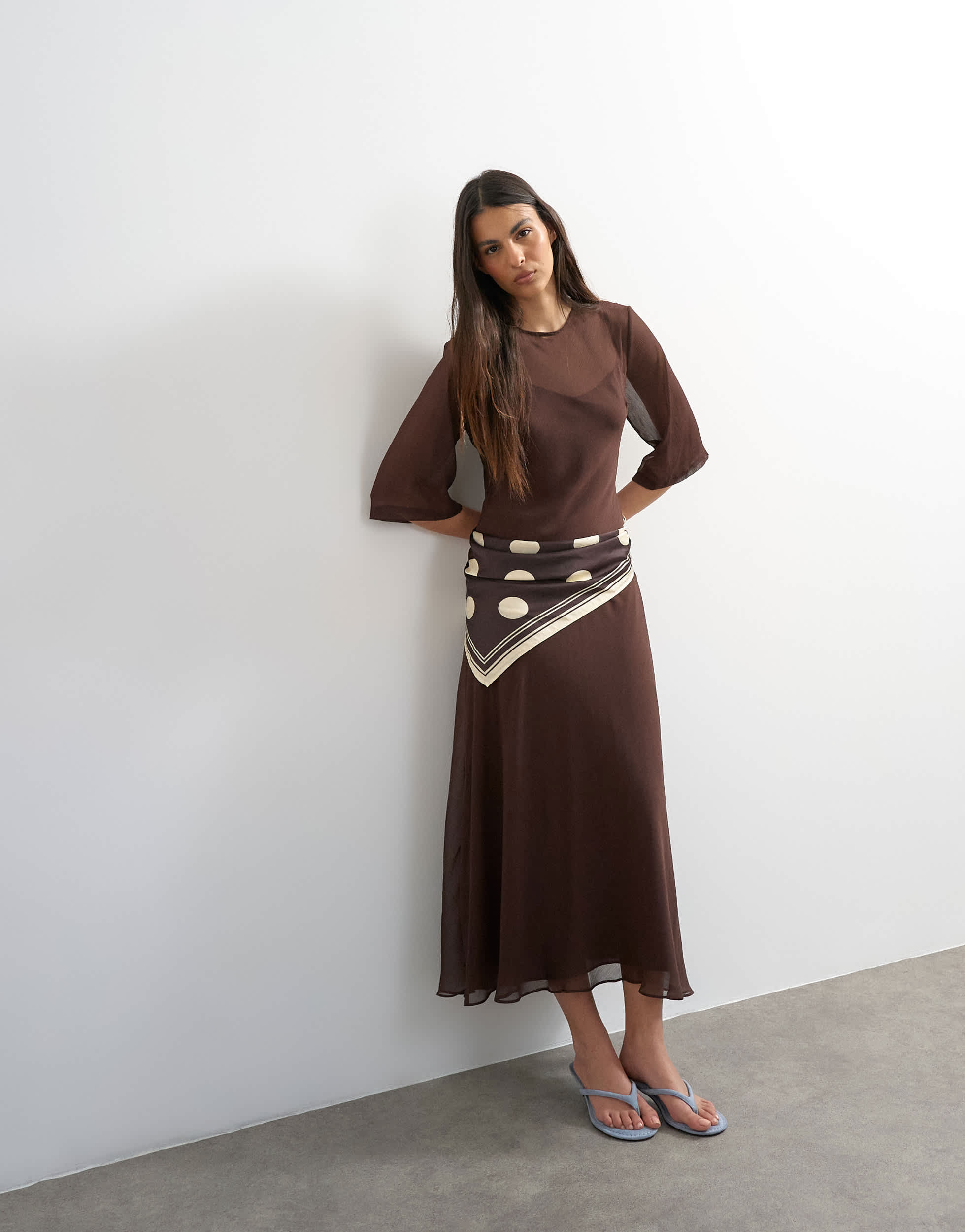 Topshop curved waistband chiffon t-shirt maxi dress in chocolate brown