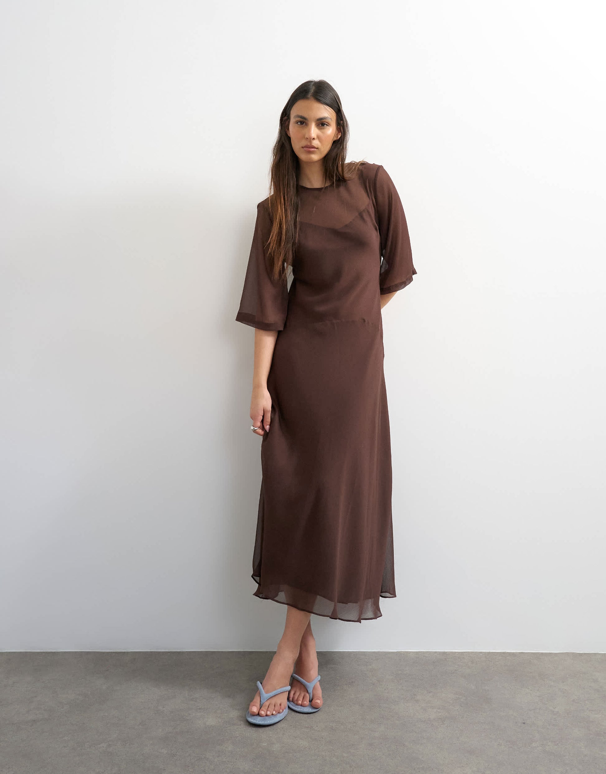 Topshop curved waistband chiffon t-shirt maxi dress in chocolate brown