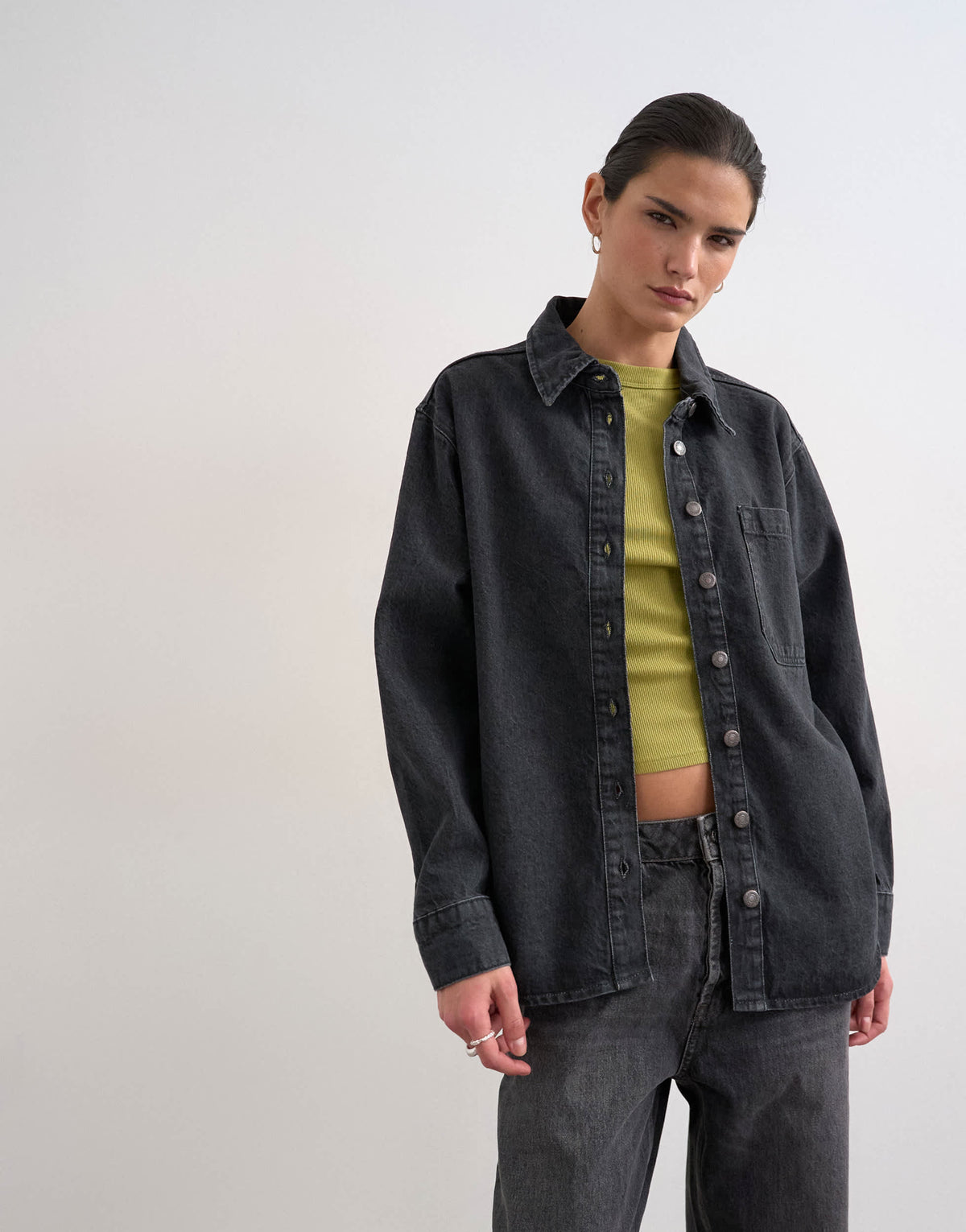 Topshop denim shacket with side panel in washed black