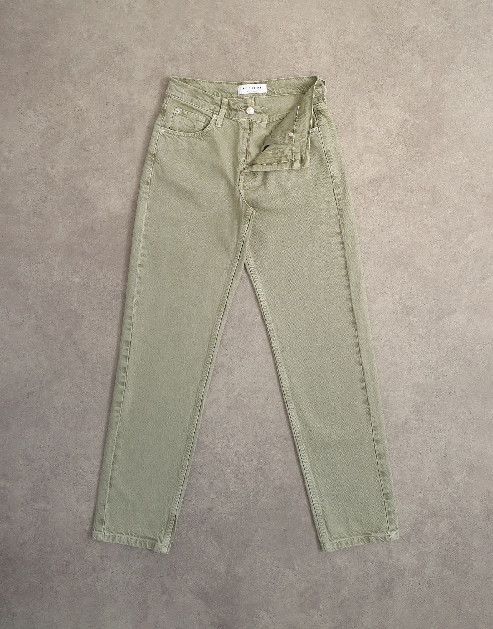 Topshop Runway mid rise straight jean in washed khaki