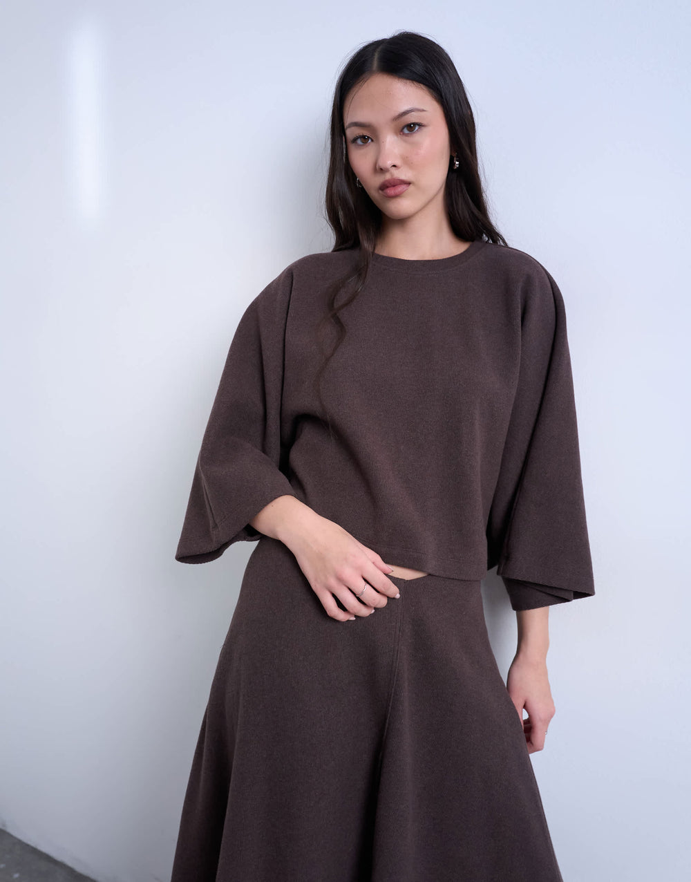 Topshop soft touch super wide crop sleeve tee co-ord in chocolate