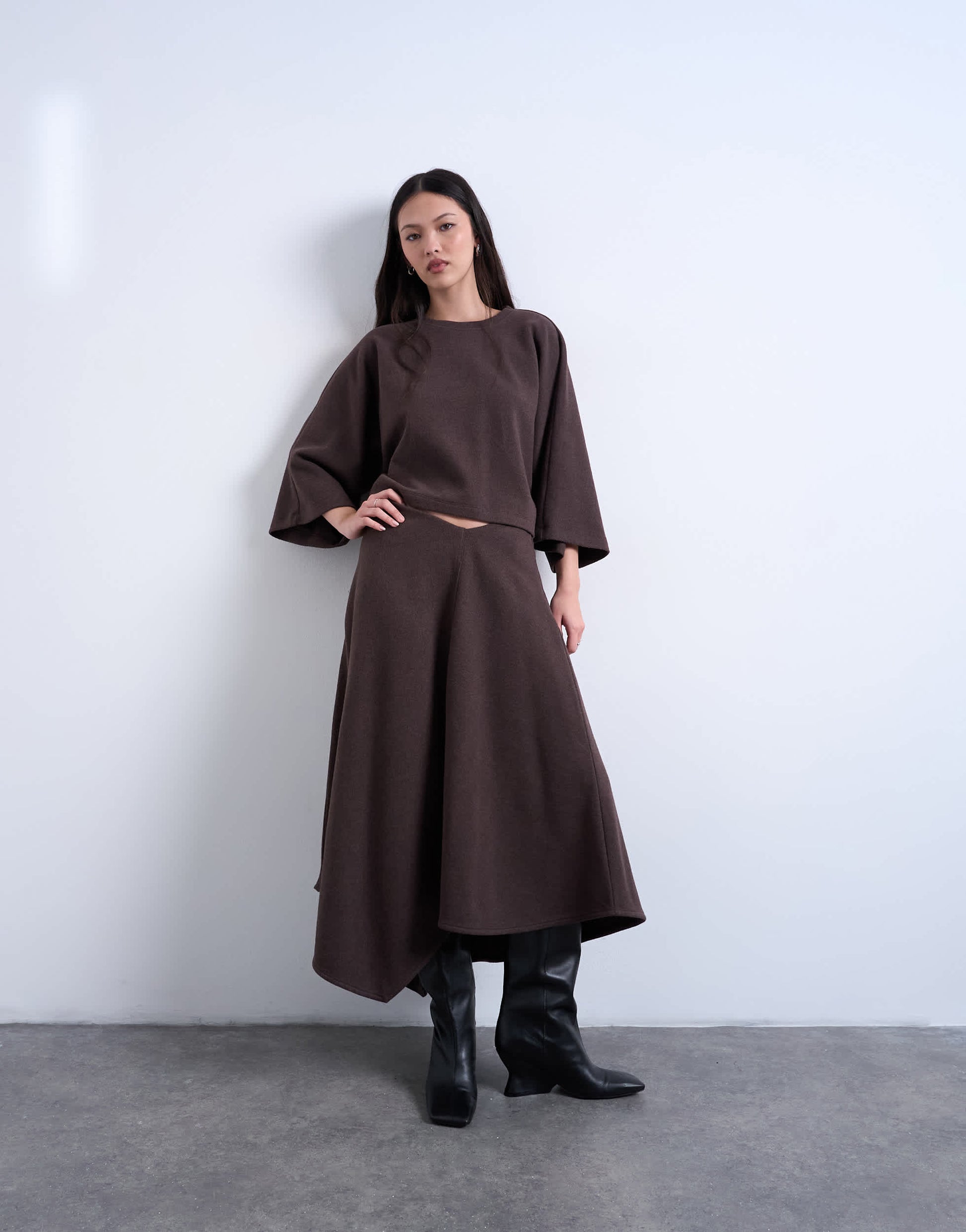 Topshop soft touch super wide crop sleeve tee co-ord in chocolate
