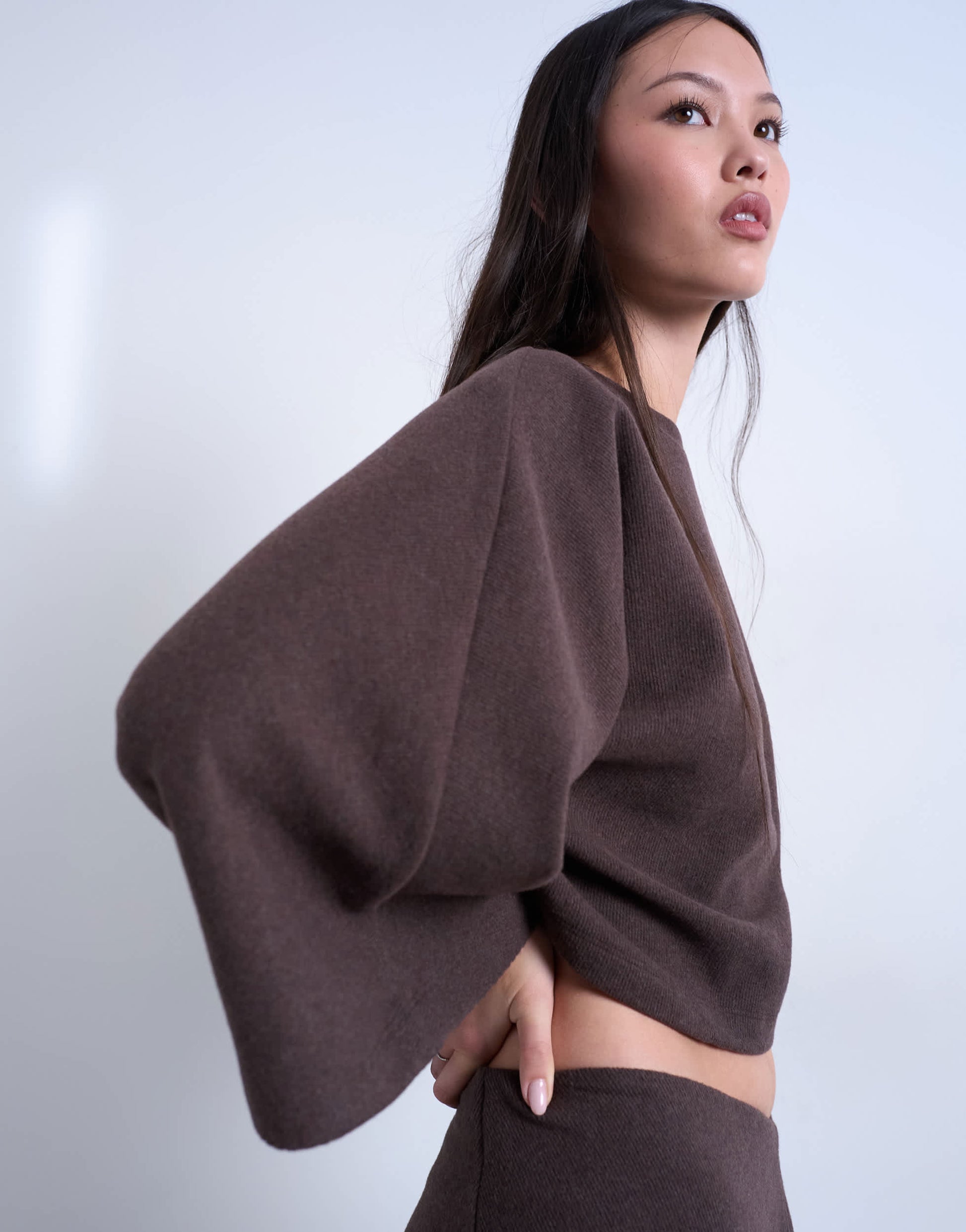 Topshop soft touch super wide crop sleeve tee co-ord in chocolate