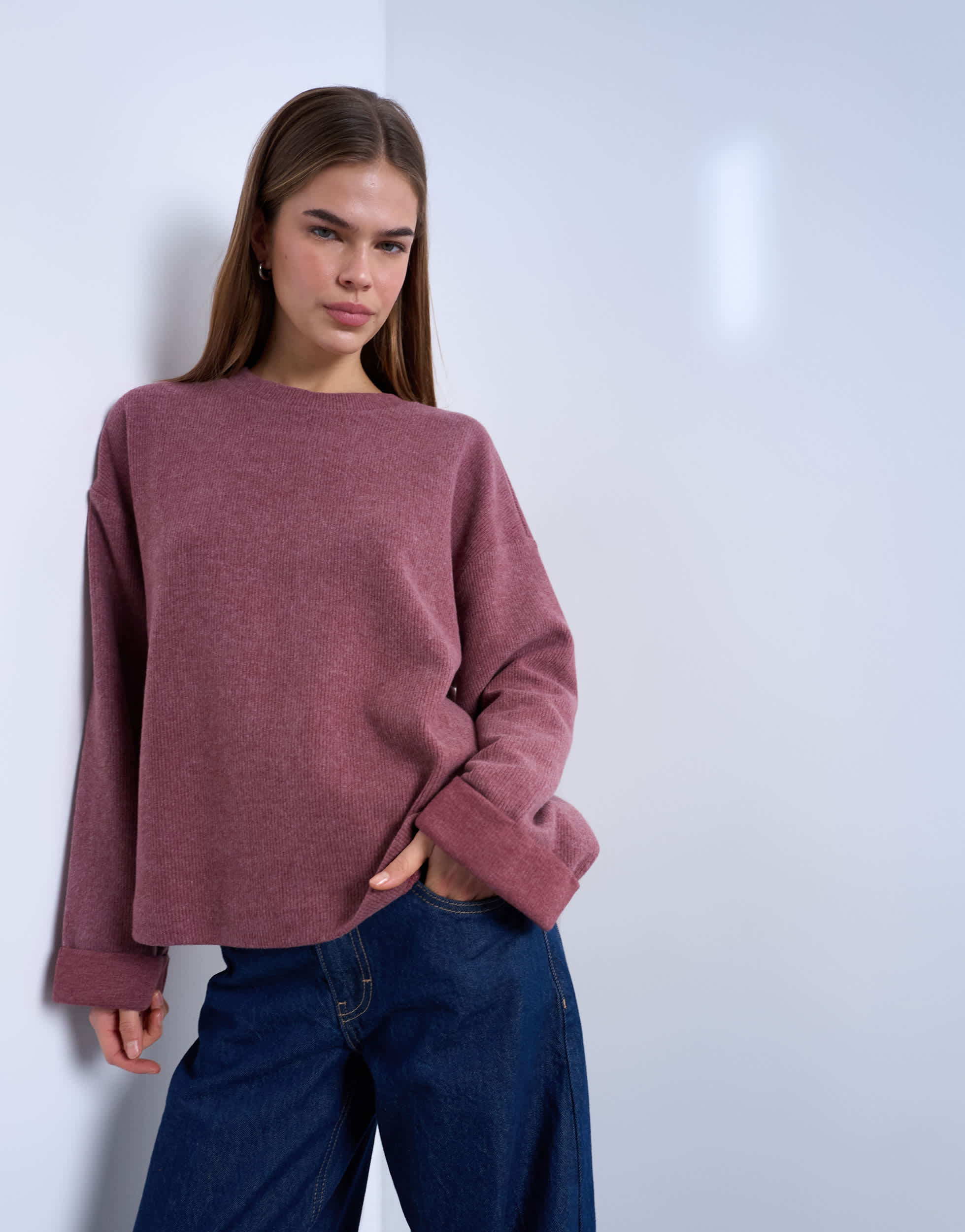 Topshop Soft-Touch-Skater-T-Shirt mit weiten Ärmeln in Feigenfarbe
