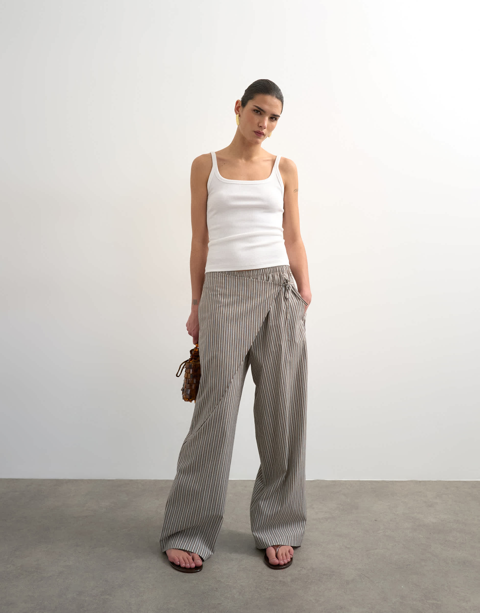 Topshop stripe poplin wrapover skirt trouser in brown