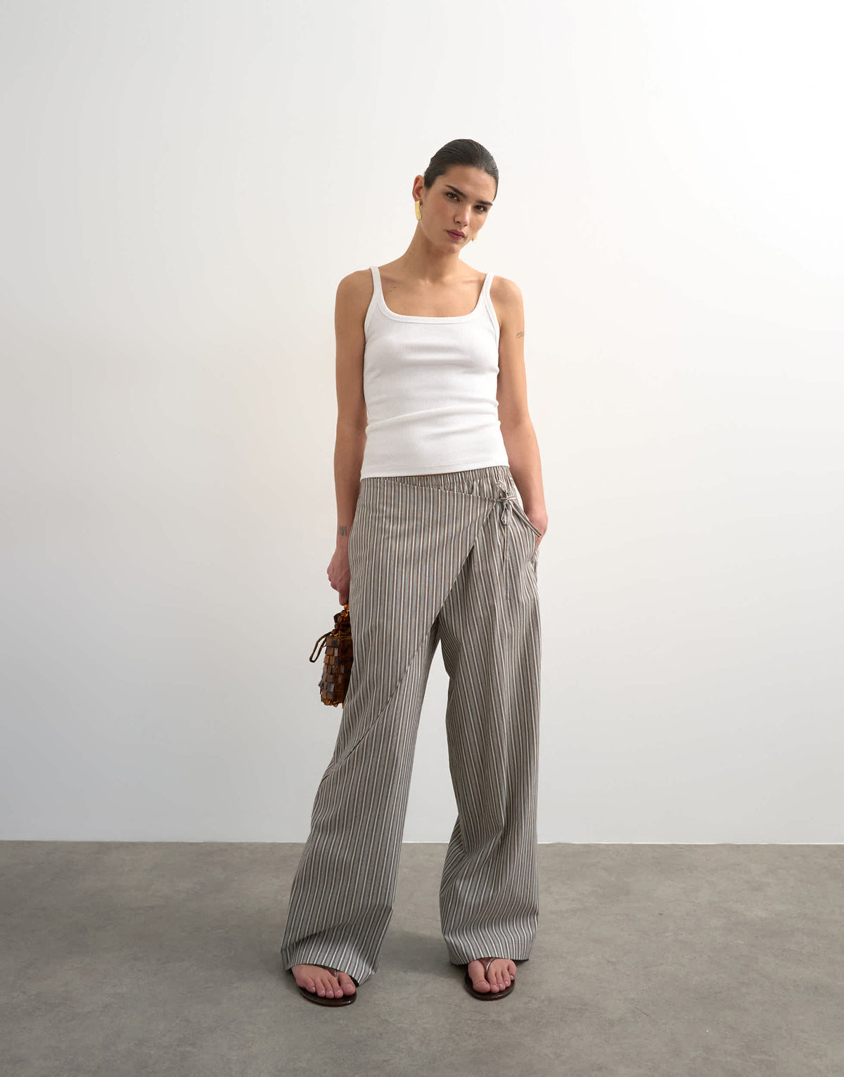 Topshop stripe poplin wrapover skirt trouser in brown