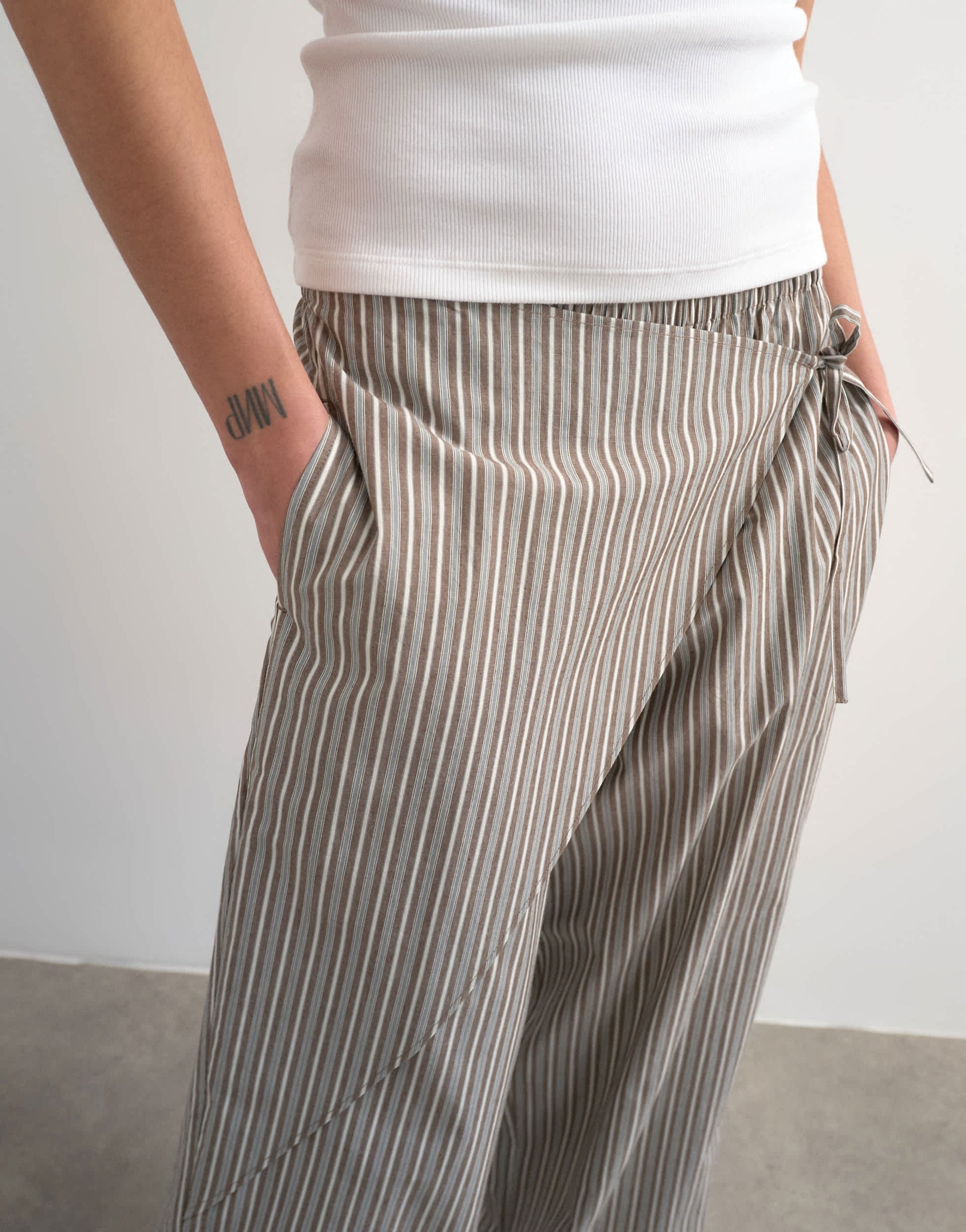 Topshop stripe poplin wrapover skirt trouser in brown