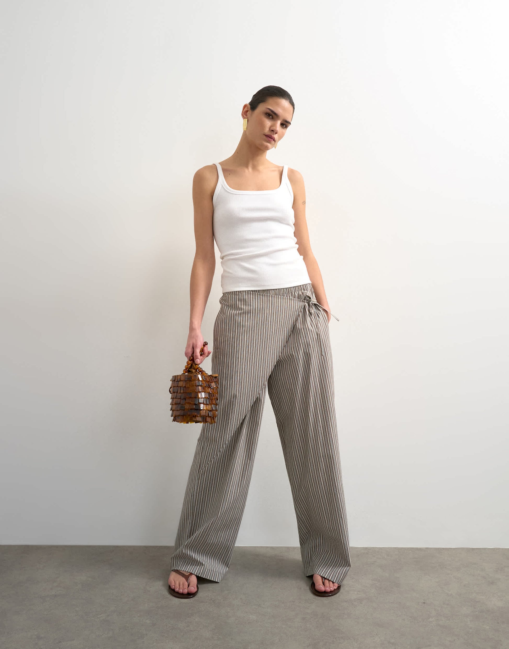 Topshop stripe poplin wrapover skirt trouser in brown
