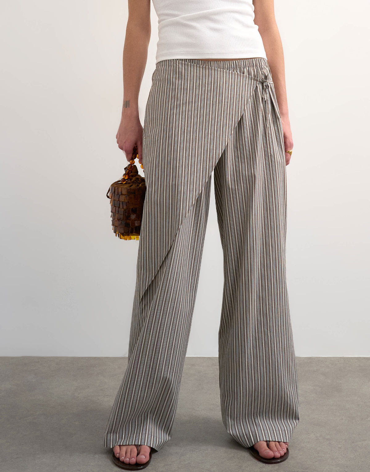 Topshop stripe poplin wrapover skirt trouser in brown