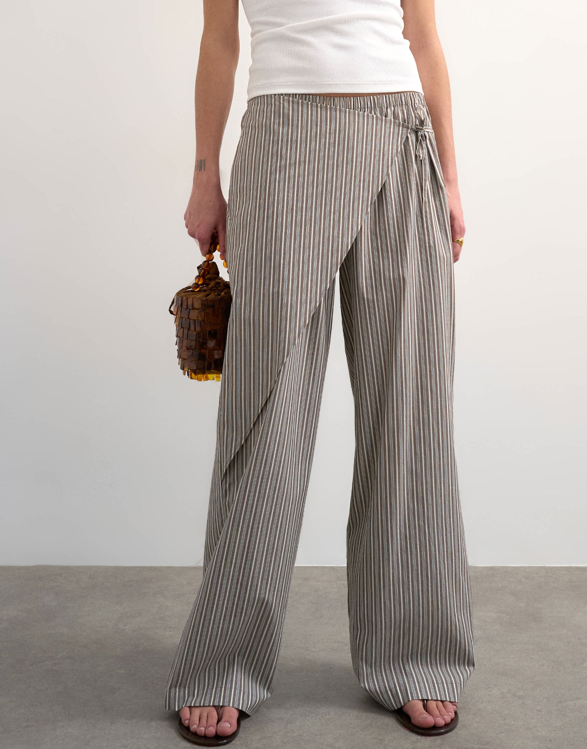 Topshop stripe poplin wrapover skirt trouser in brown