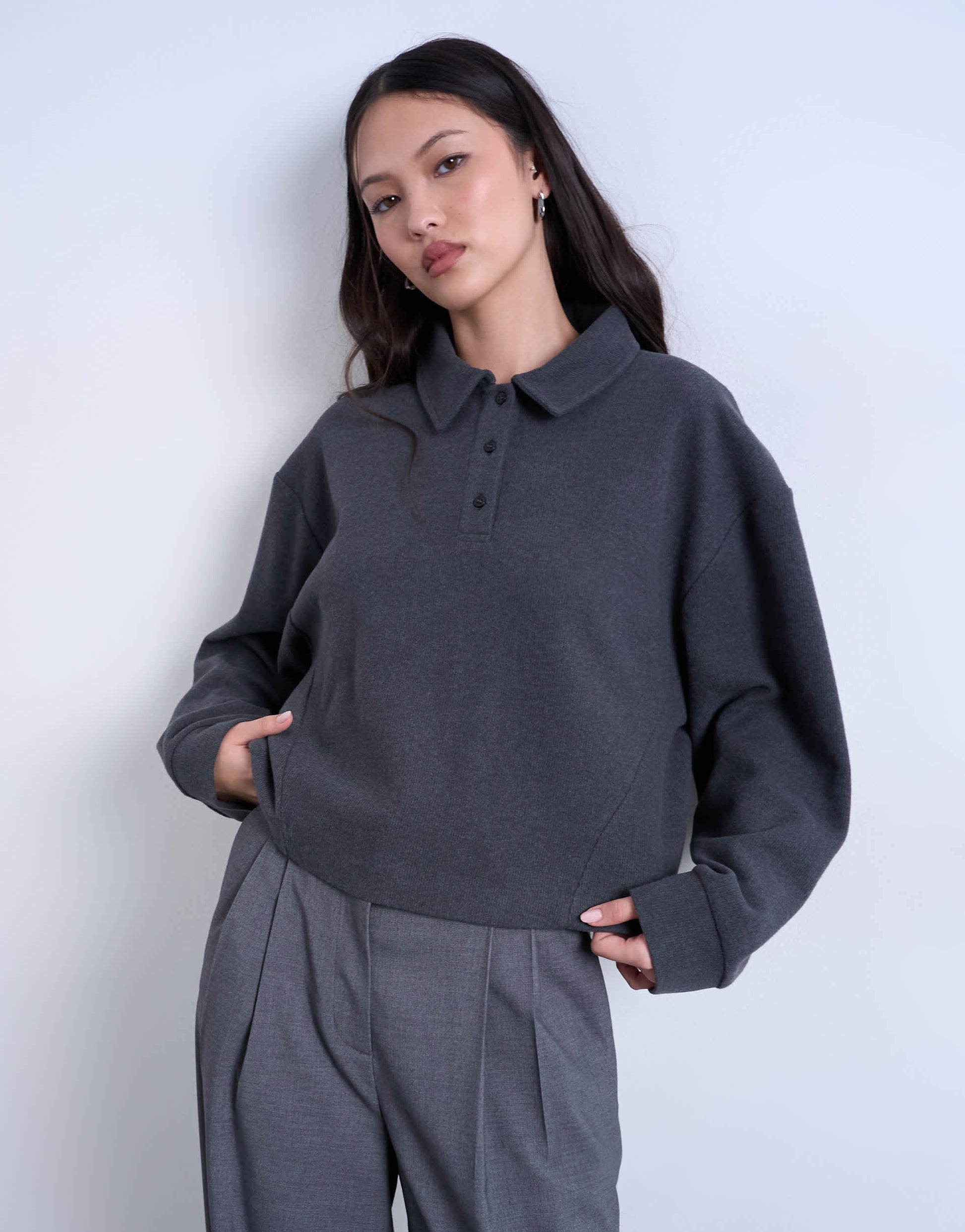 Topshop soft touch boxy long sleeve polo co-ord in grey