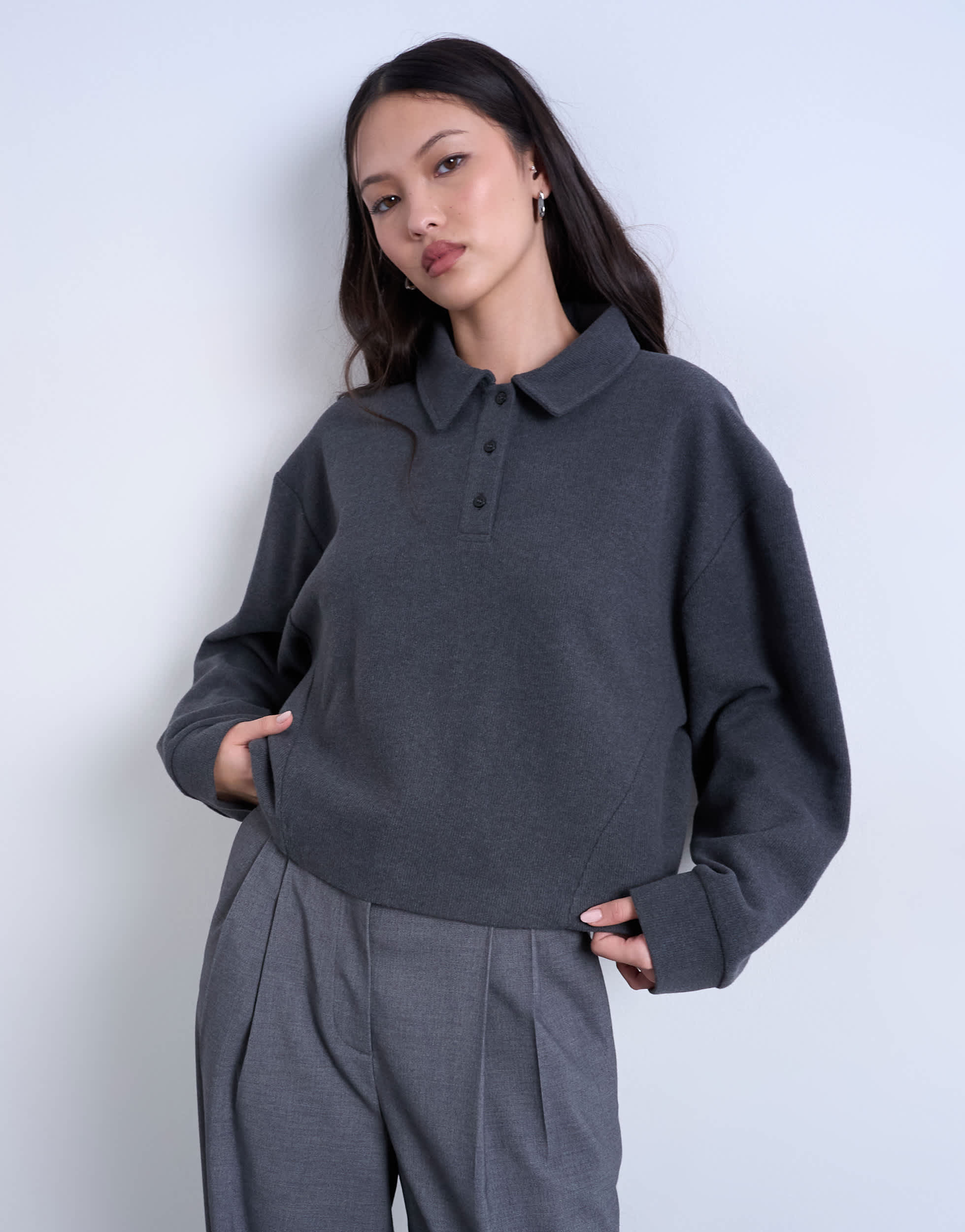 Topshop soft touch boxy long sleeve polo co-ord in grey