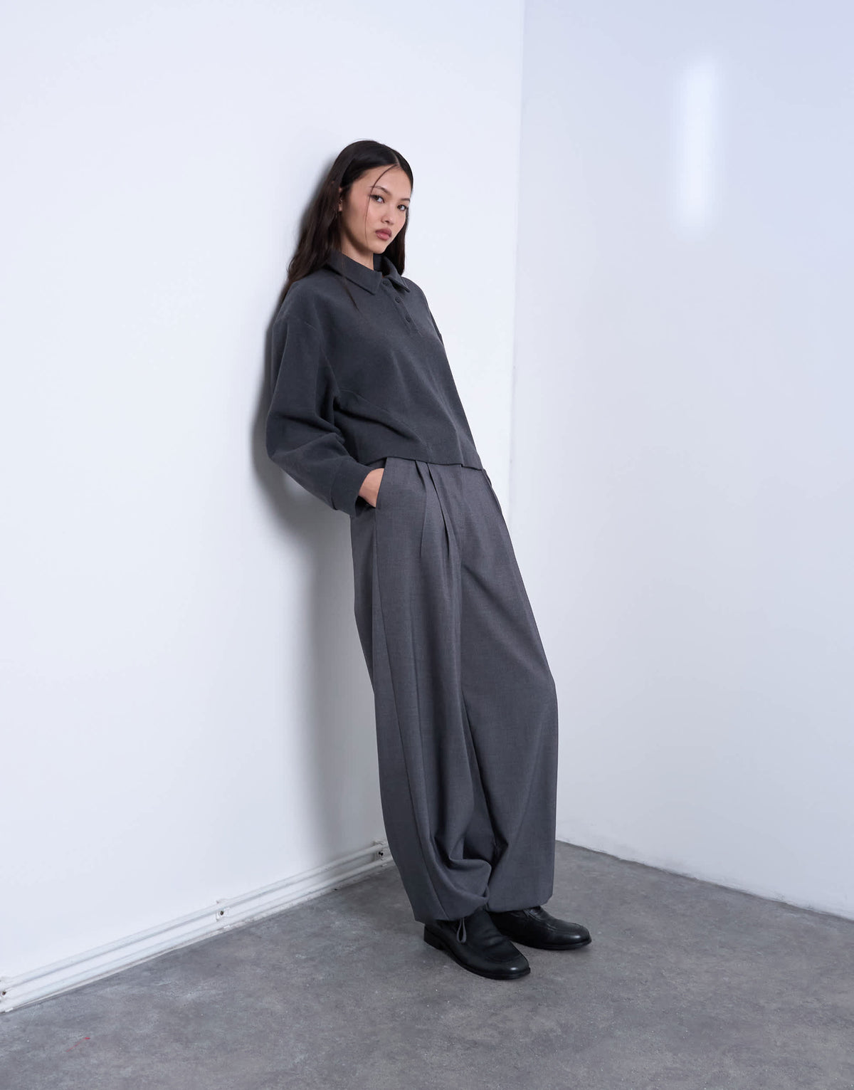 Topshop soft touch boxy long sleeve polo co-ord in grey