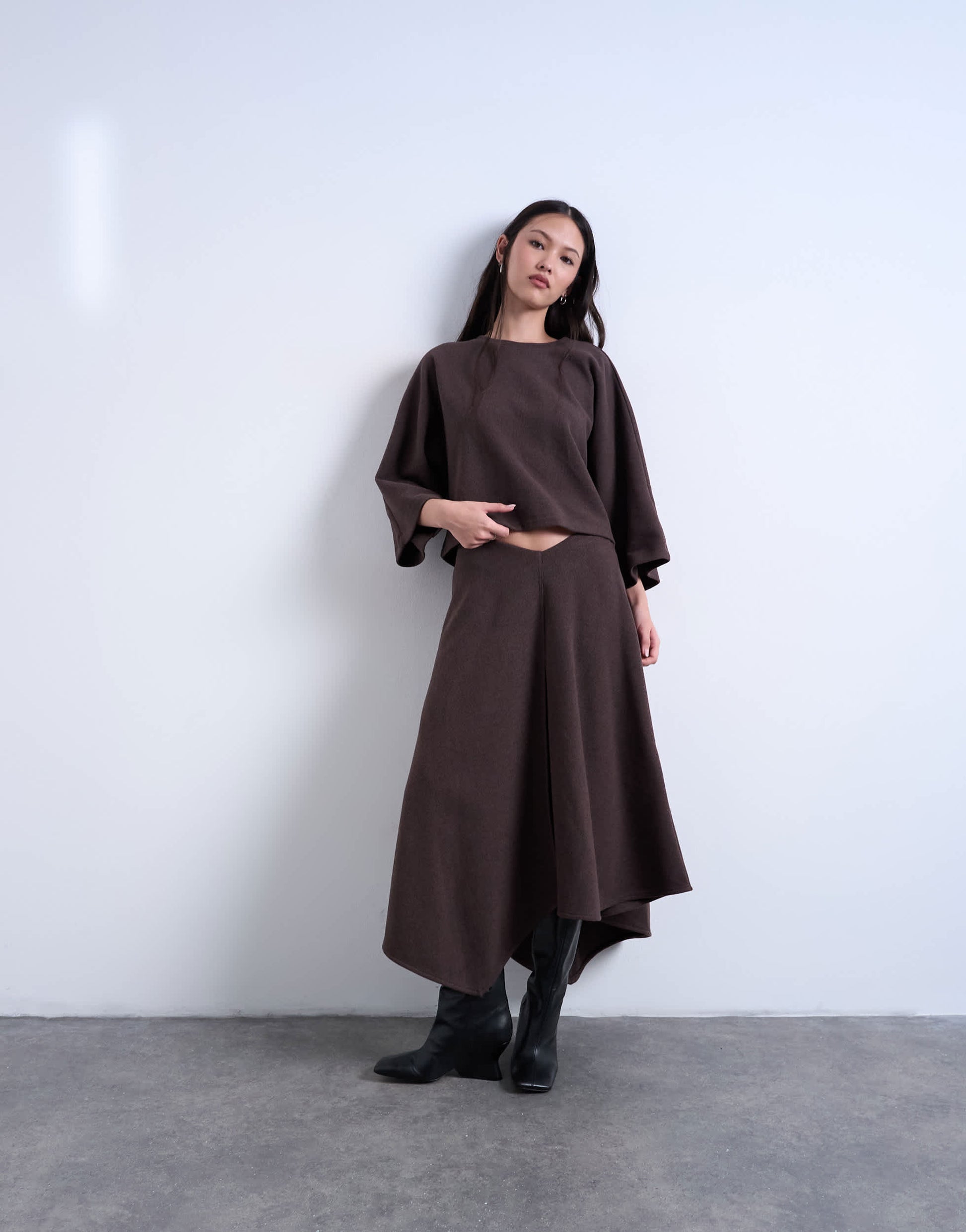 Topshop soft touch hanky hem asymmetric skirt co-ord in chocolate