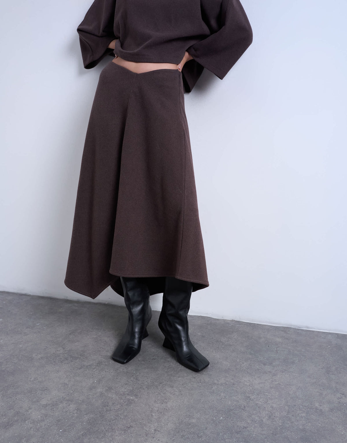 Topshop soft touch hanky hem asymmetric skirt co-ord in chocolate