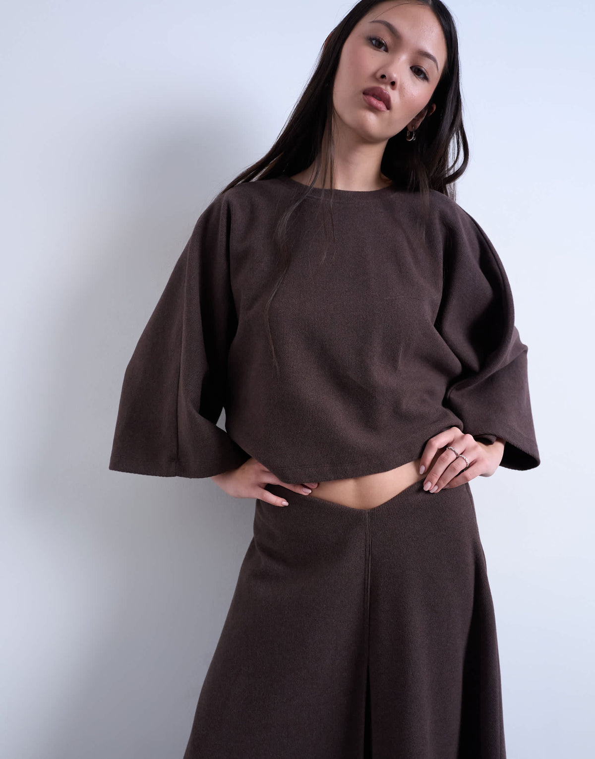 Topshop soft touch hanky hem asymmetric skirt co-ord in chocolate