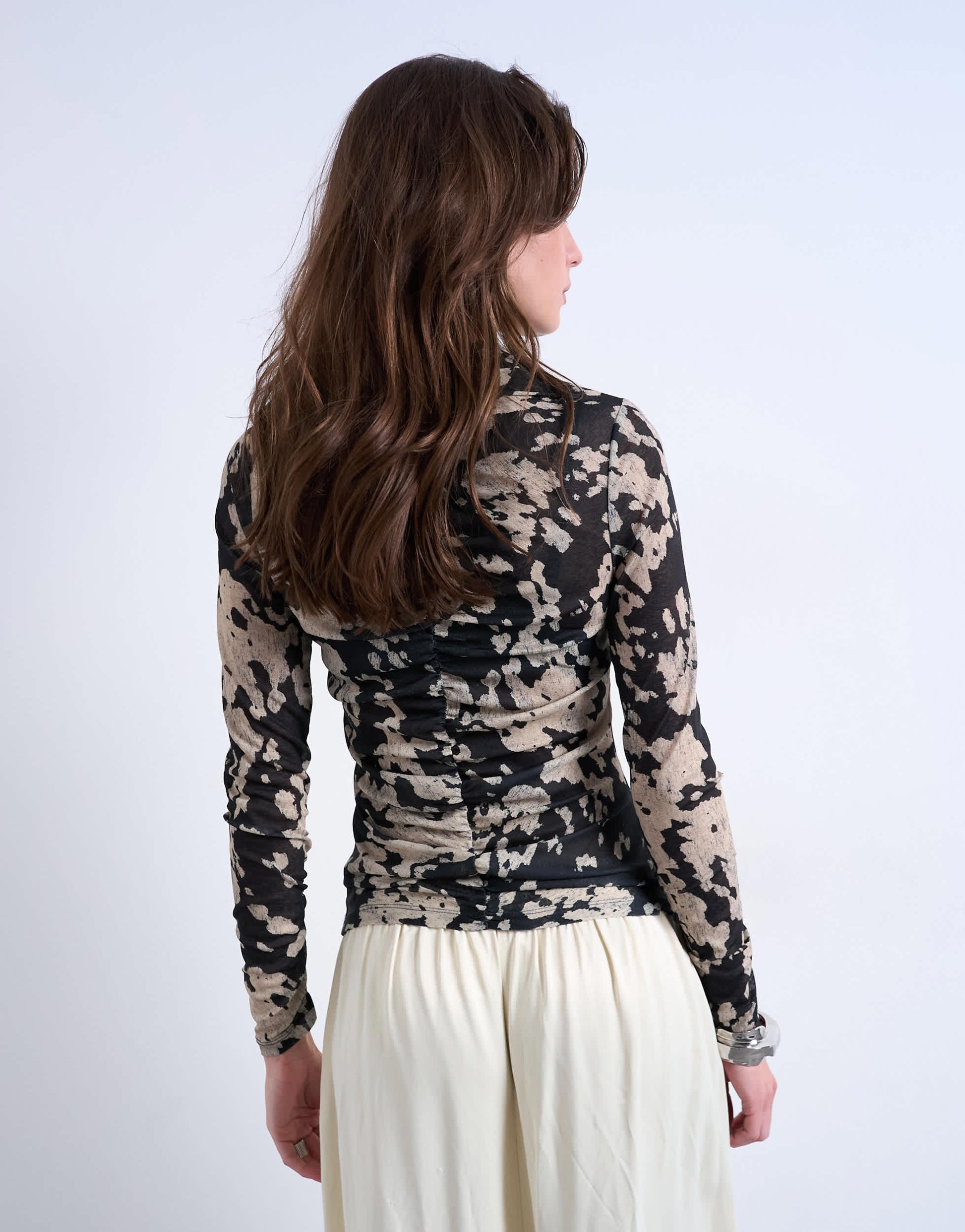 Topshop animal mono spot print ruched long sleeve top in black