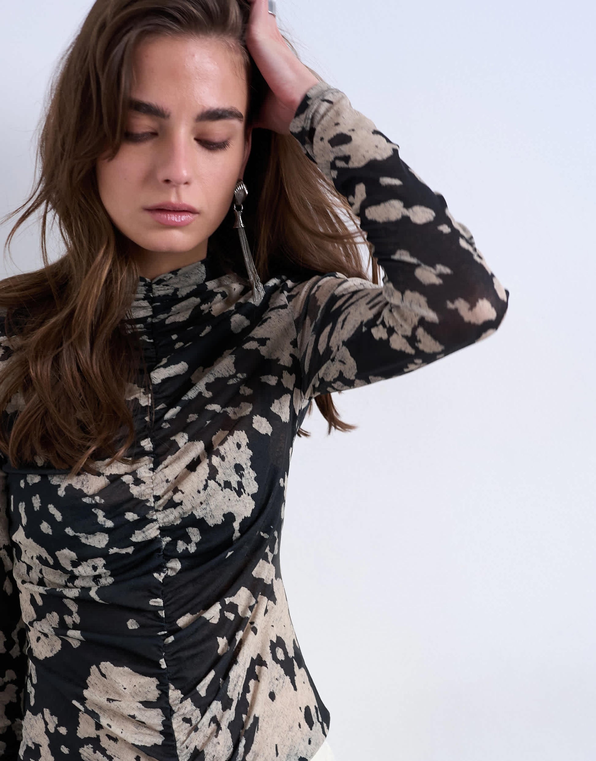 Topshop animal mono spot print ruched long sleeve top in black