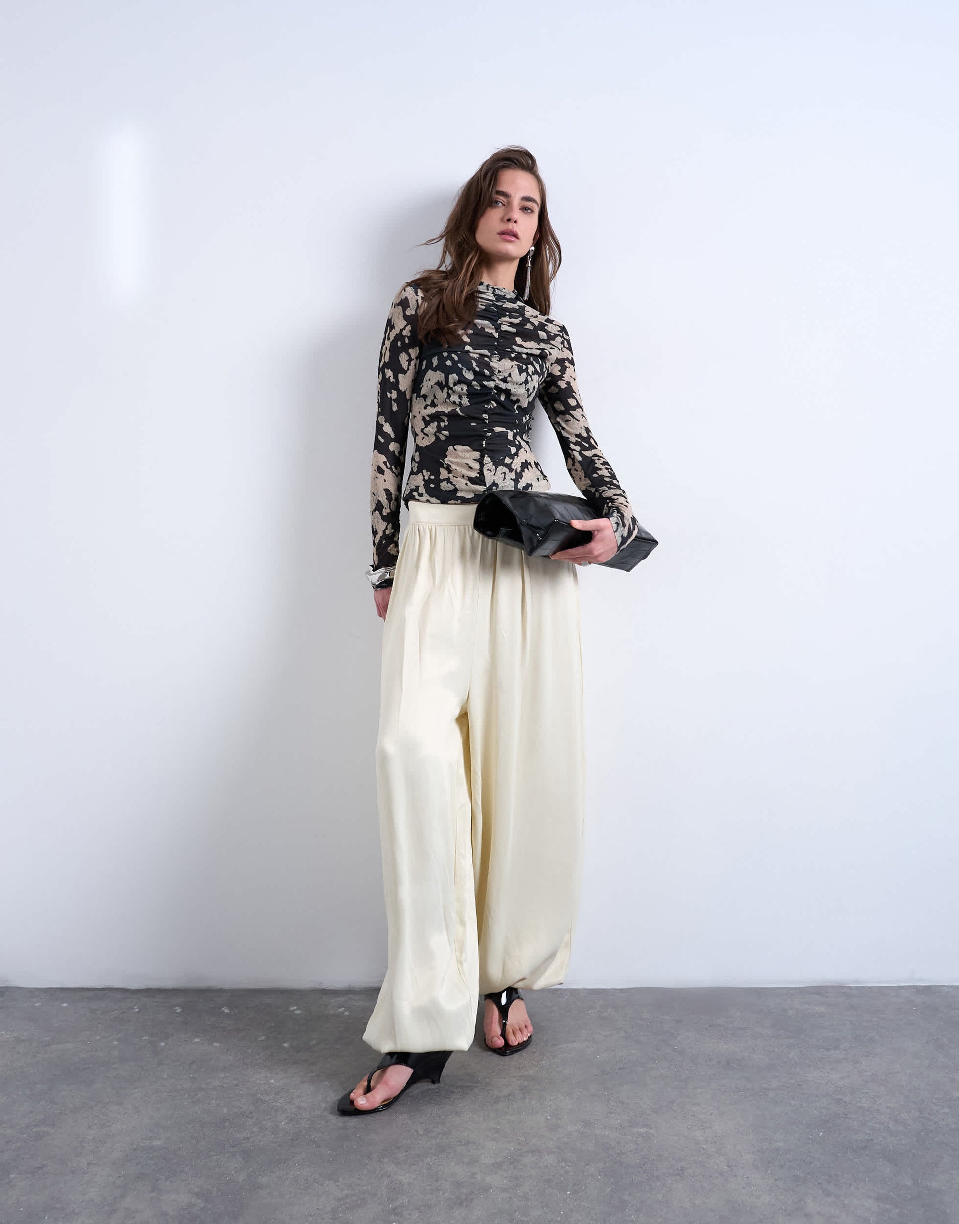 Topshop animal mono spot print ruched long sleeve top in black