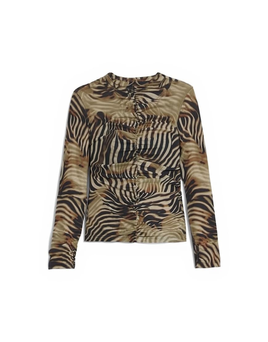 Topshop animal striped print ruched long sleeve top in multi