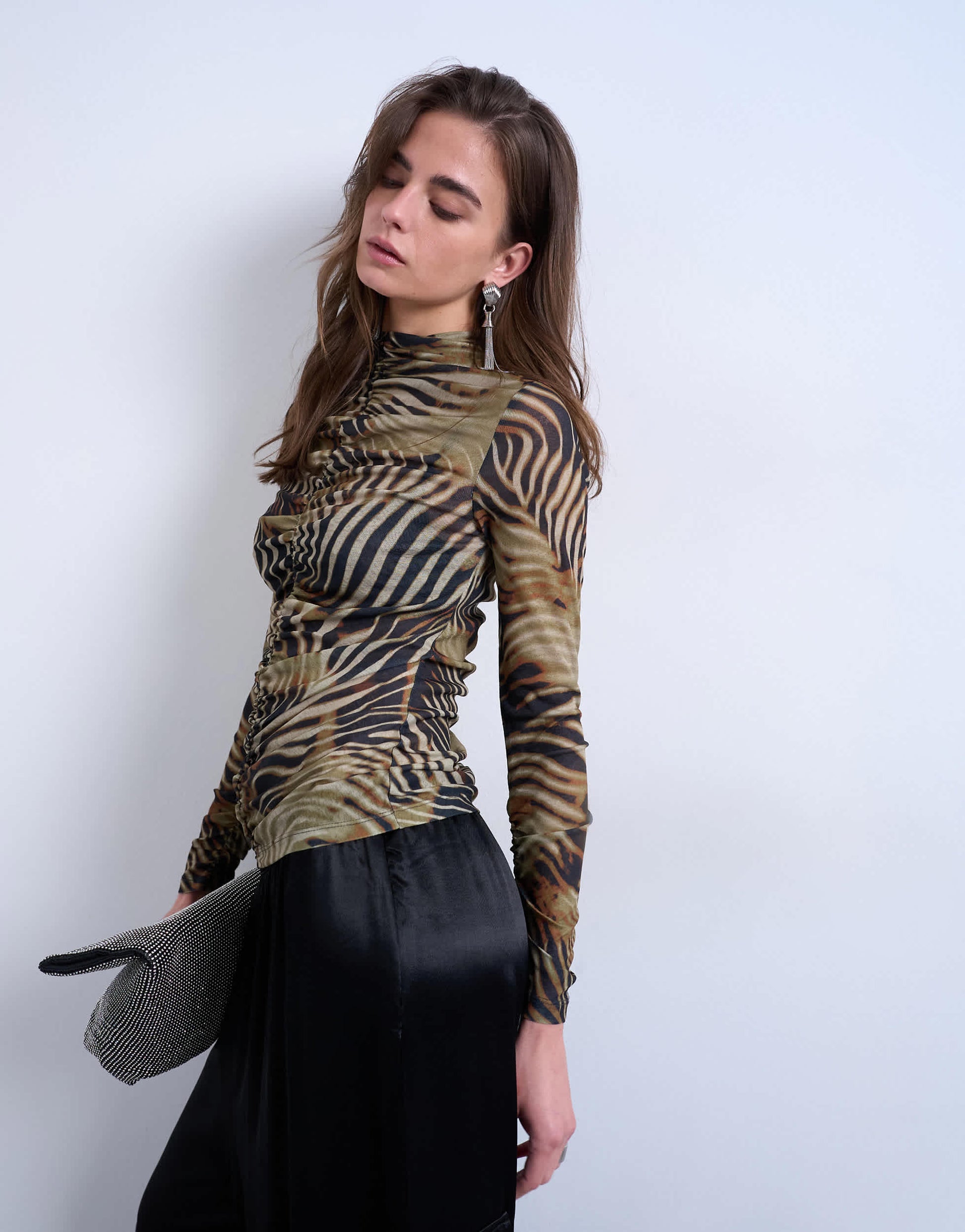 Topshop animal striped print ruched long sleeve top in multi