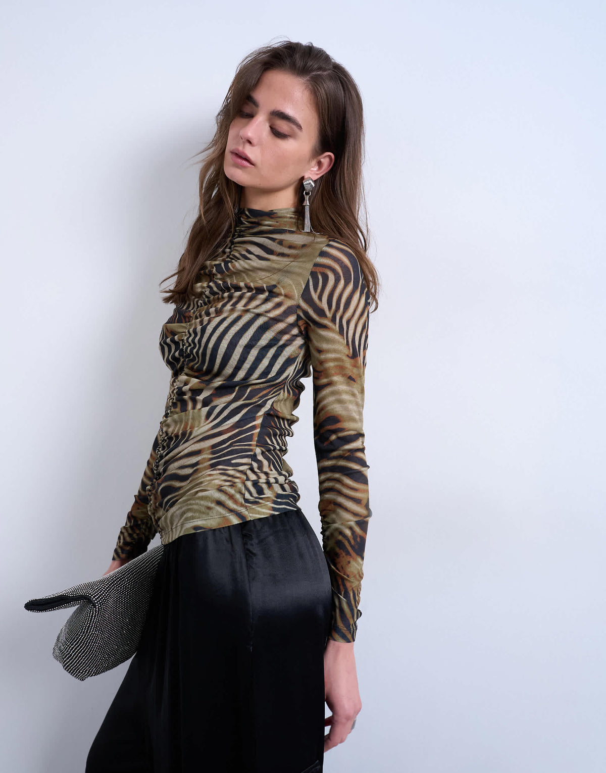 Topshop animal striped print ruched long sleeve top in multi