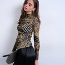 Topshop animal striped print ruched long sleeve top in multi