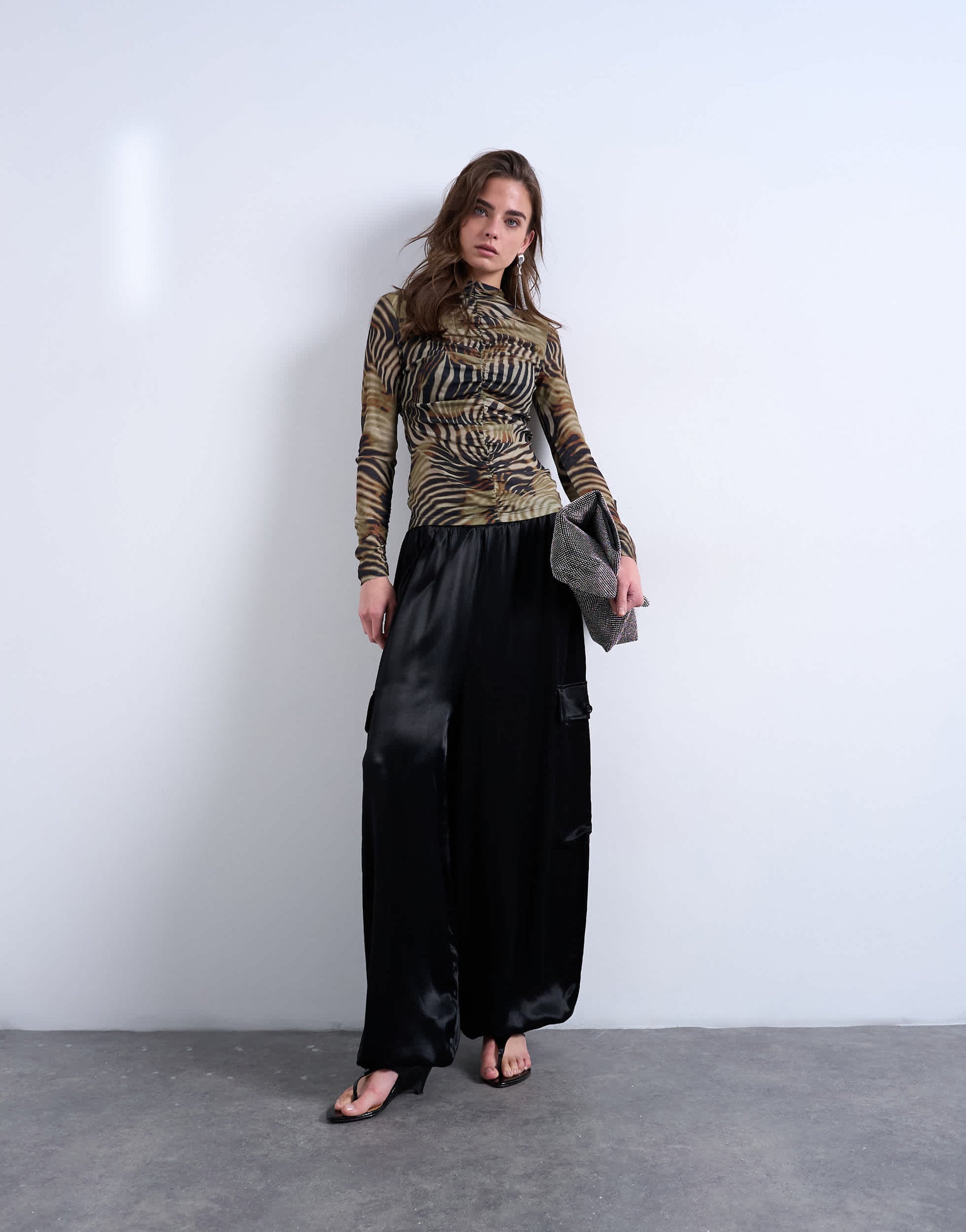 Topshop animal striped print ruched long sleeve top in multi