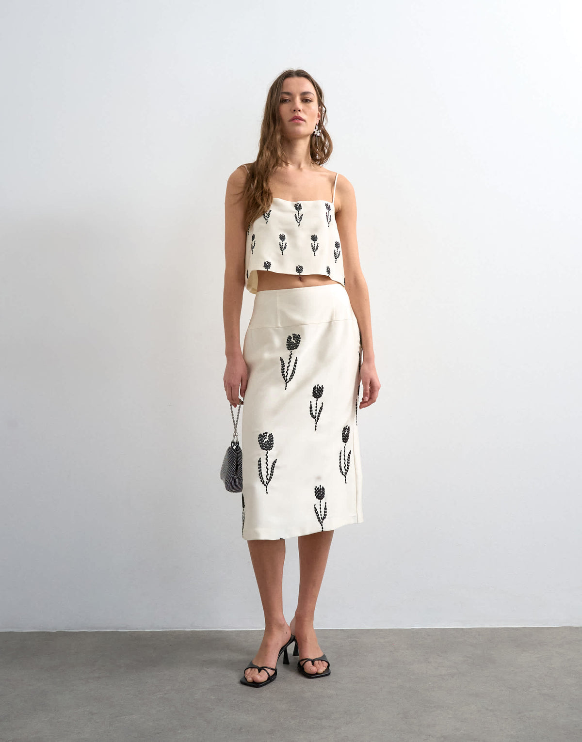 Topshop placement embroidery satin midi skirt in cream