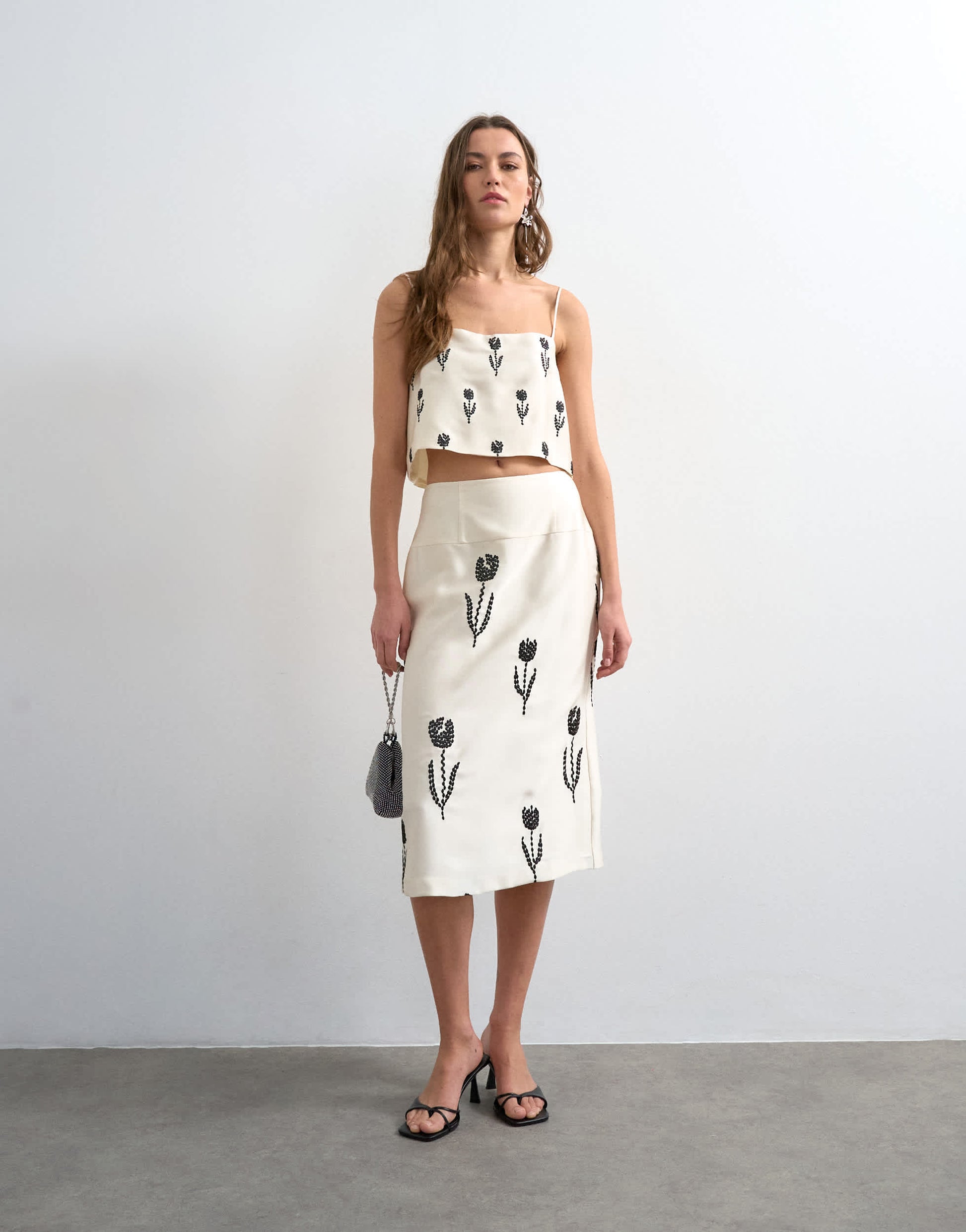 Topshop placement embroidery satin midi skirt in cream