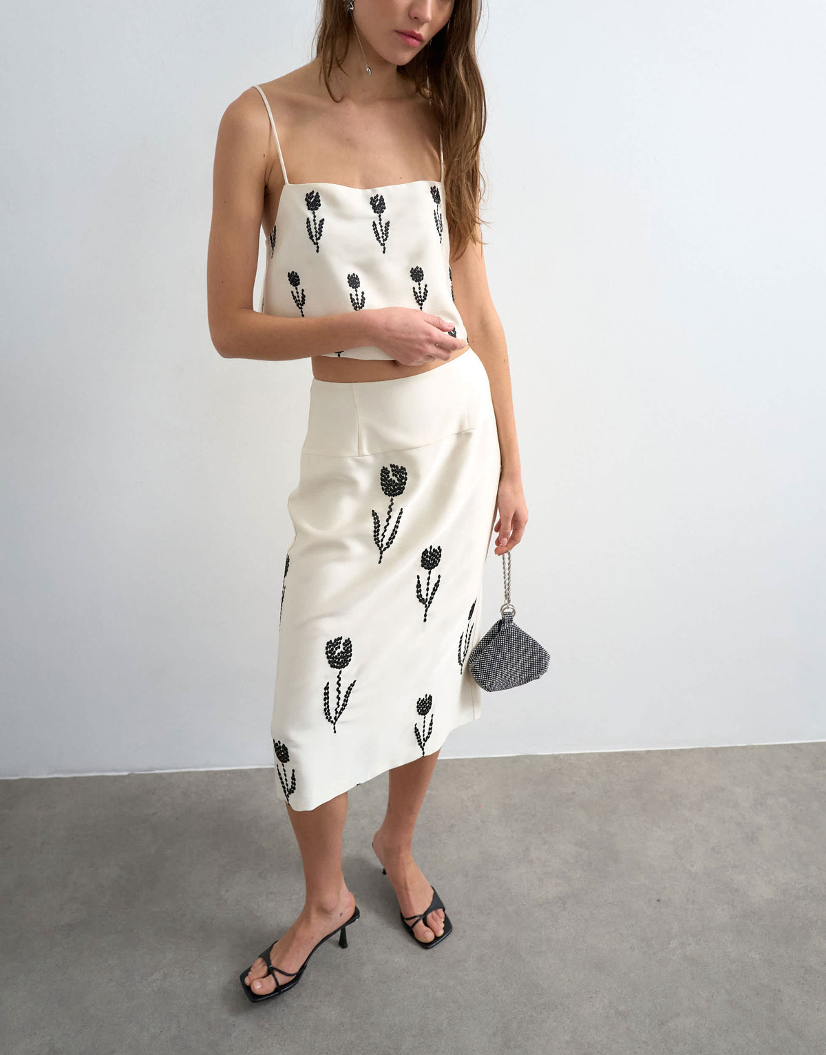 Topshop placement embroidery satin midi skirt in cream