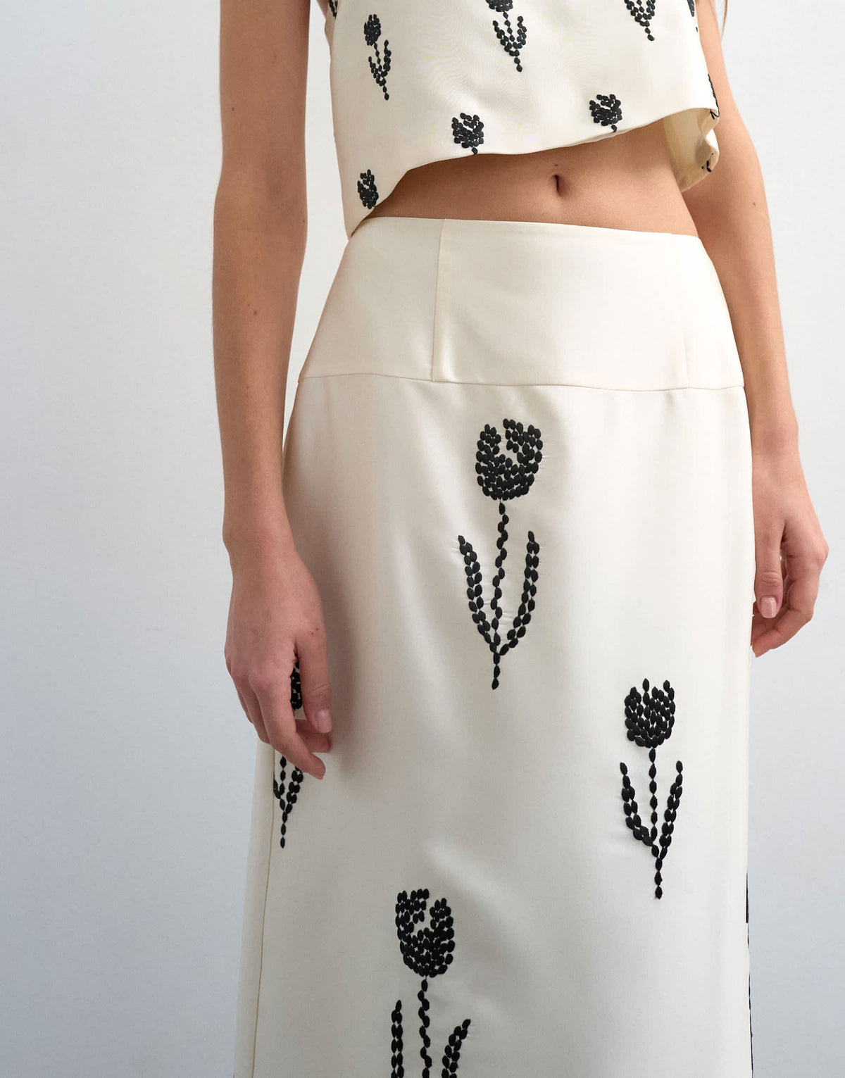 Topshop placement embroidery satin midi skirt in cream
