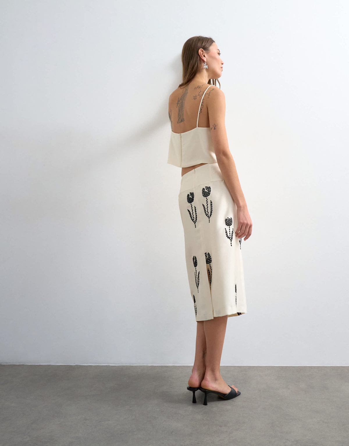 Topshop placement embroidery satin midi skirt in cream
