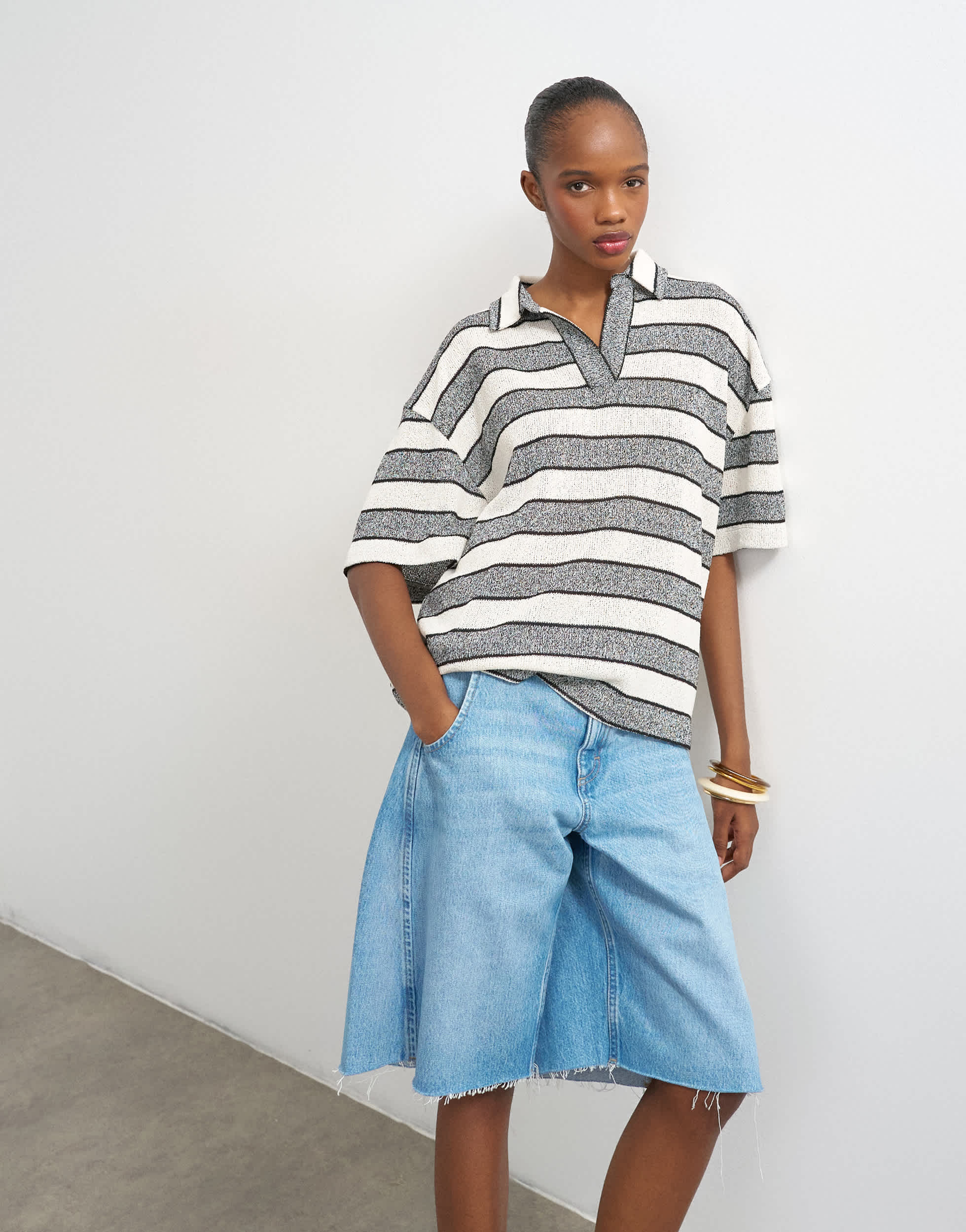 Topshop cut and sew stripe oversized rugby top in grey