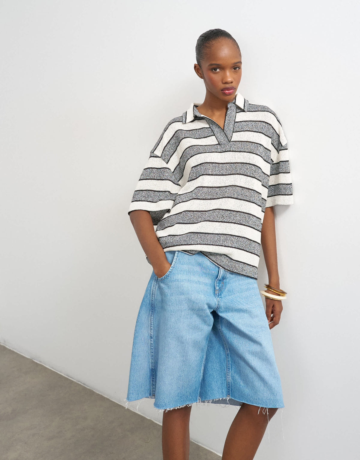 Topshop cut and sew stripe oversized rugby top in grey