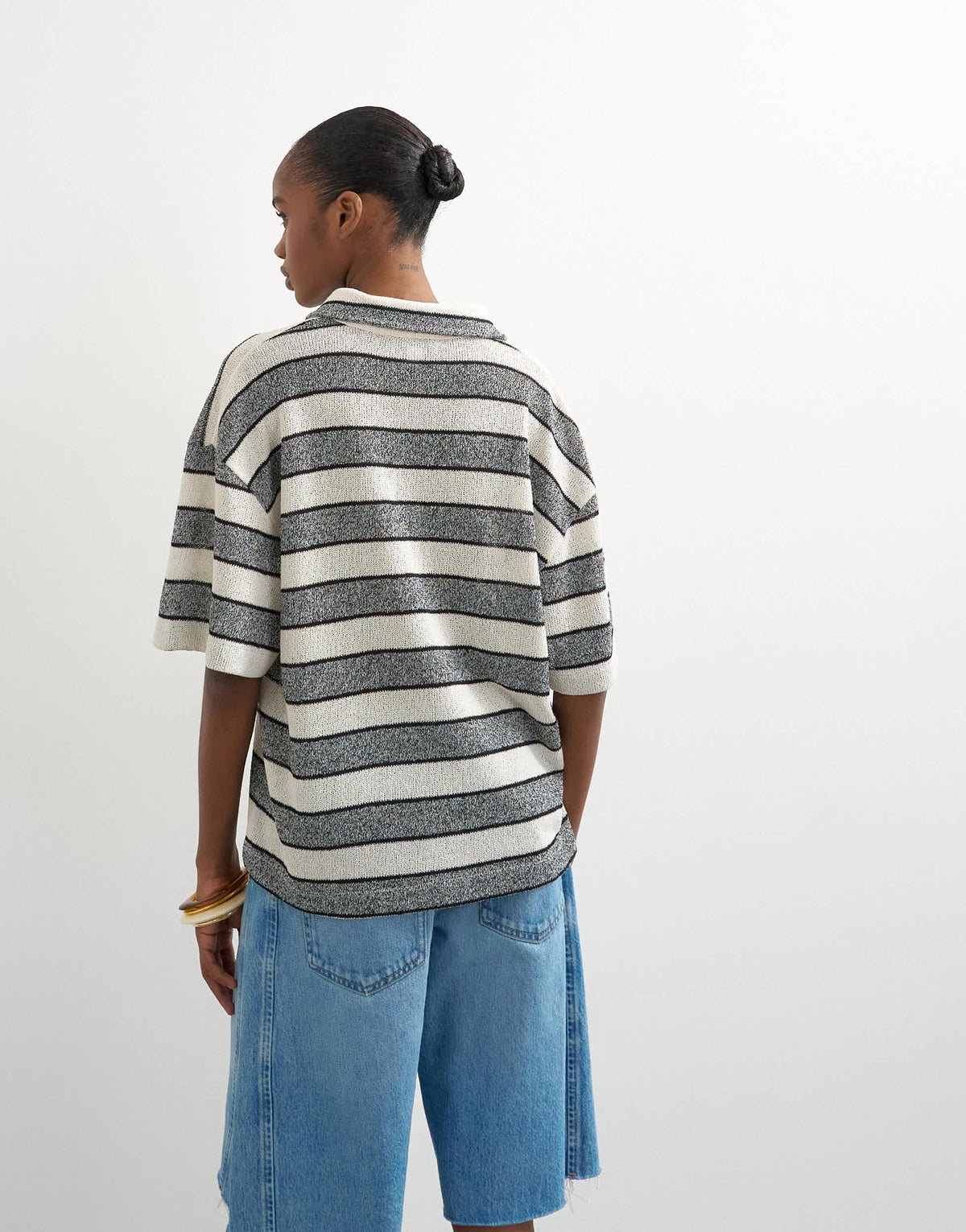 Topshop cut and sew stripe oversized rugby top in grey