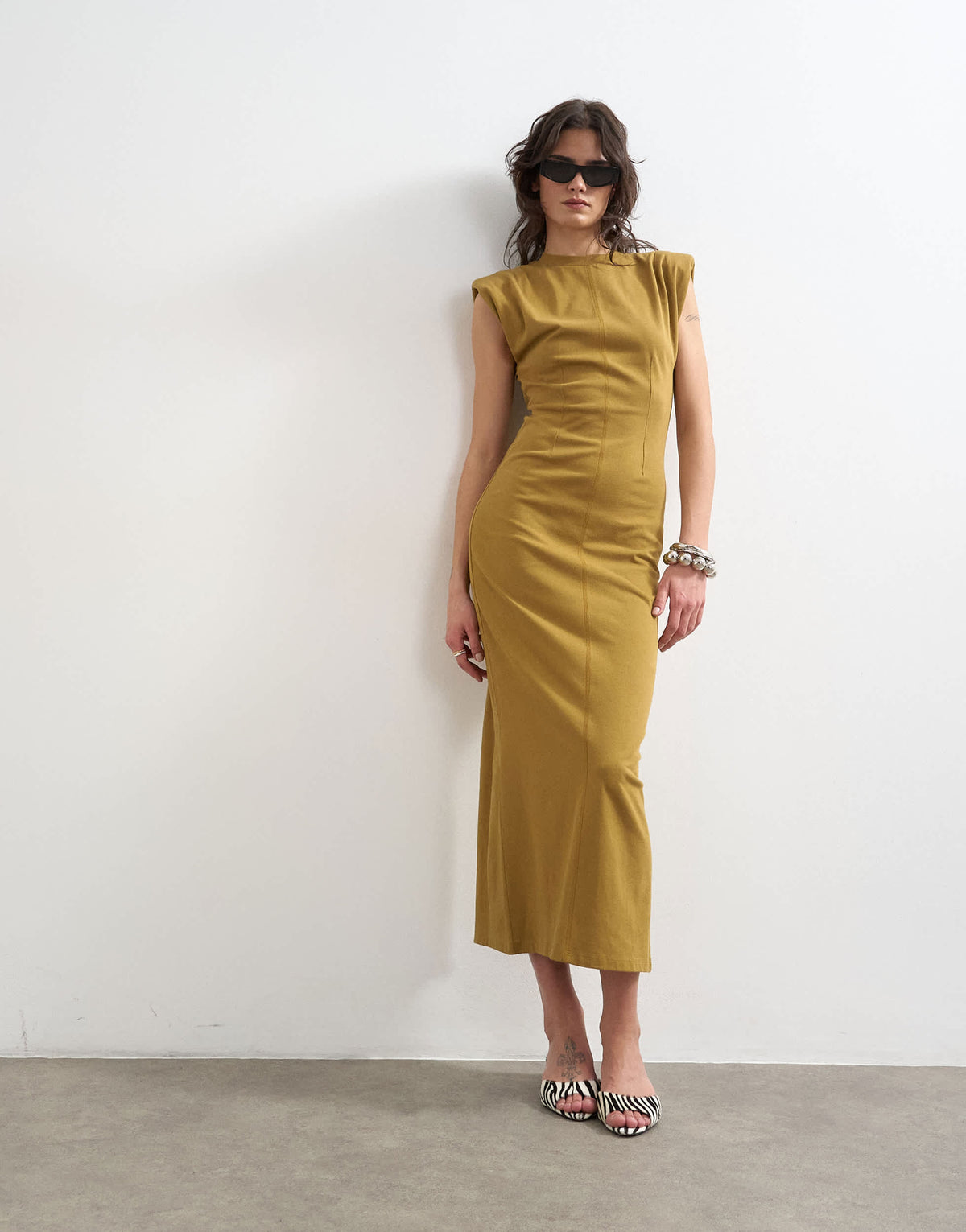 Topshop shoulder pad sleeveless maxi dress in olive