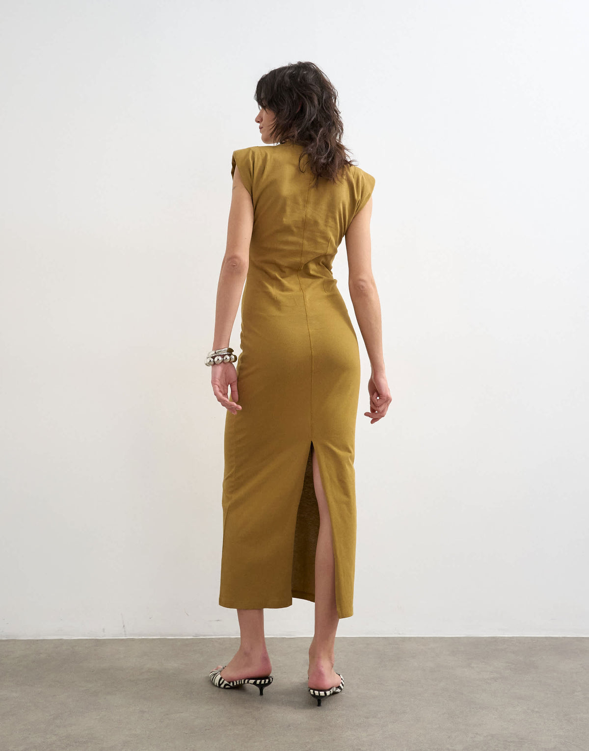 Topshop shoulder pad sleeveless maxi dress in olive