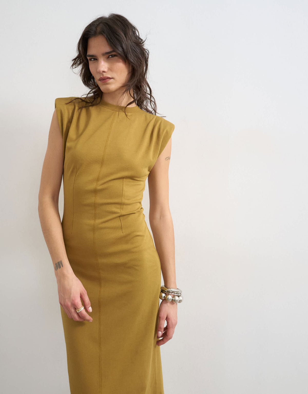 Topshop shoulder pad sleeveless maxi dress in olive