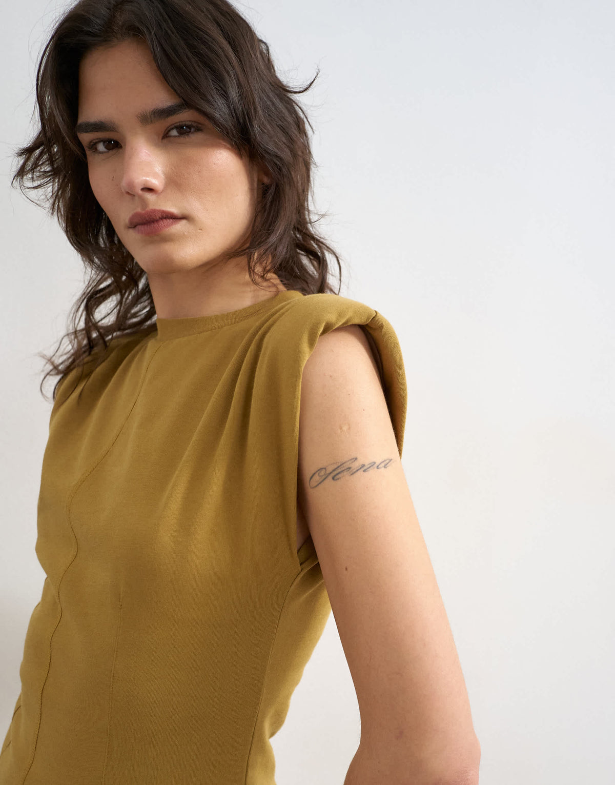 Topshop shoulder pad sleeveless maxi dress in olive