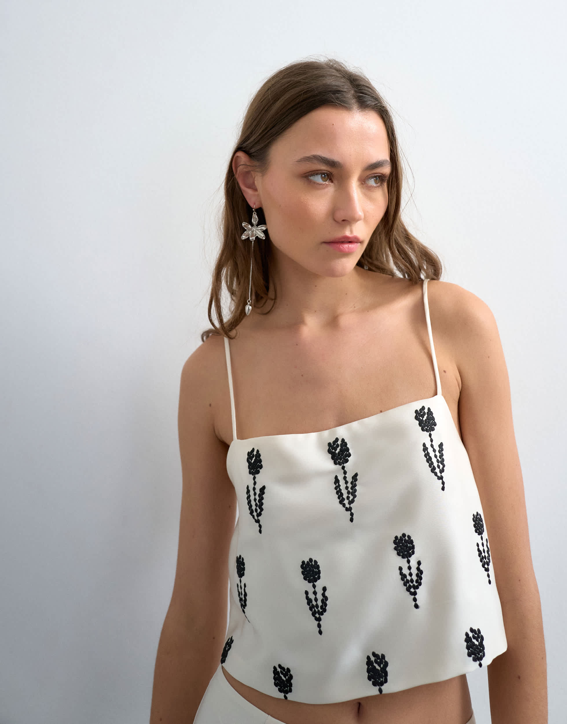 Topshop placement embroidery satin cami in cream