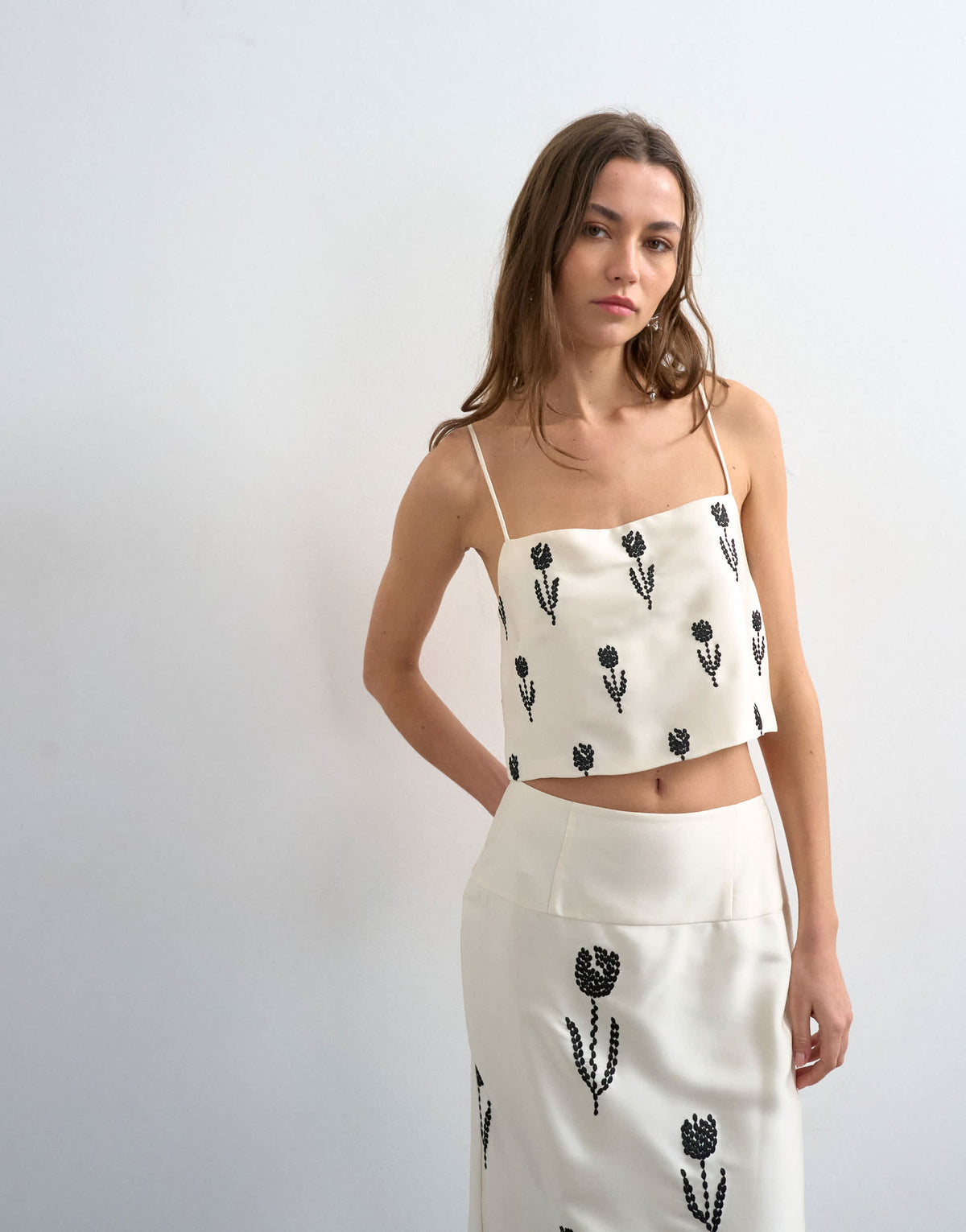 Topshop placement embroidery satin cami in cream