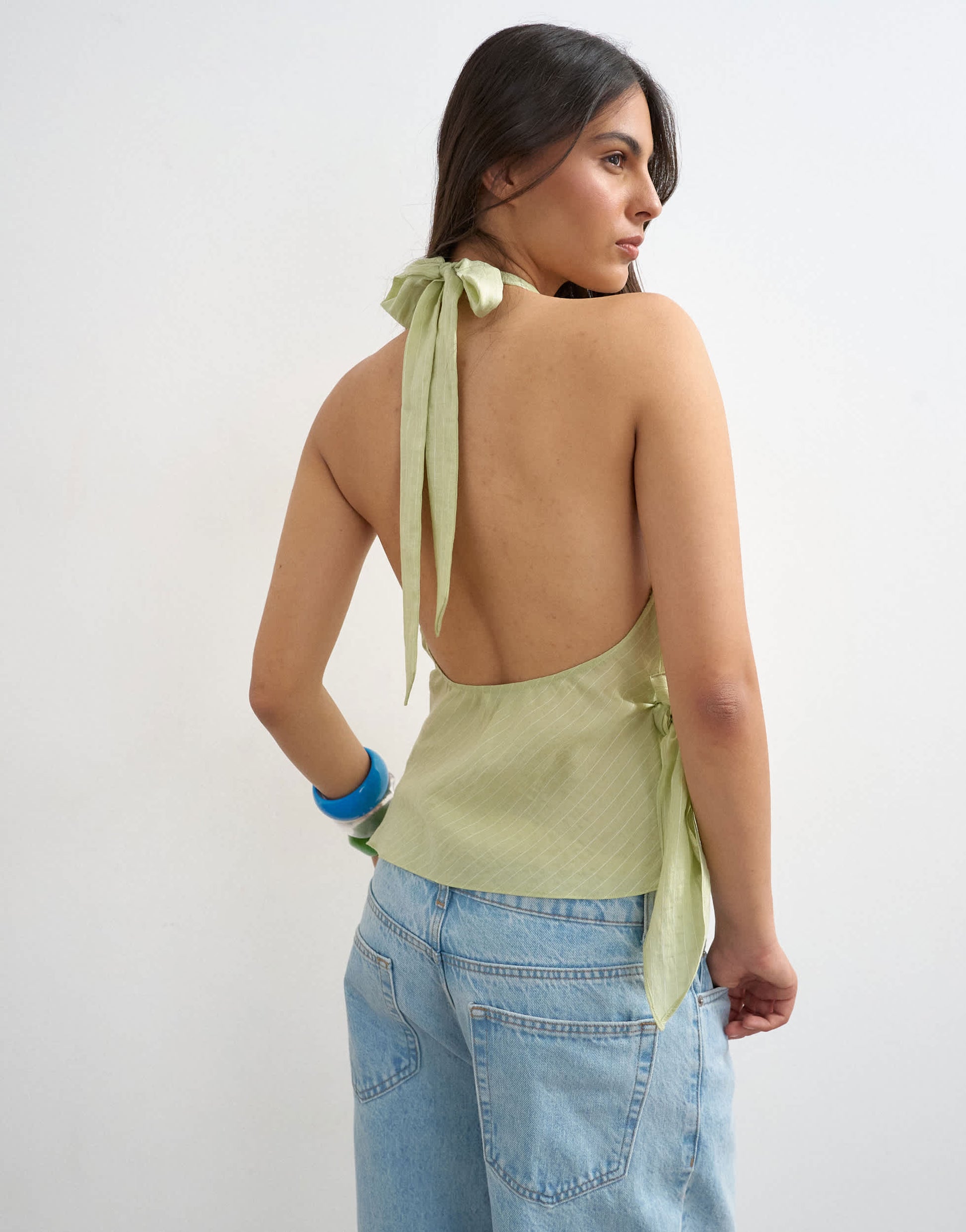 Topshop halter pinstripe draped cowl top in green