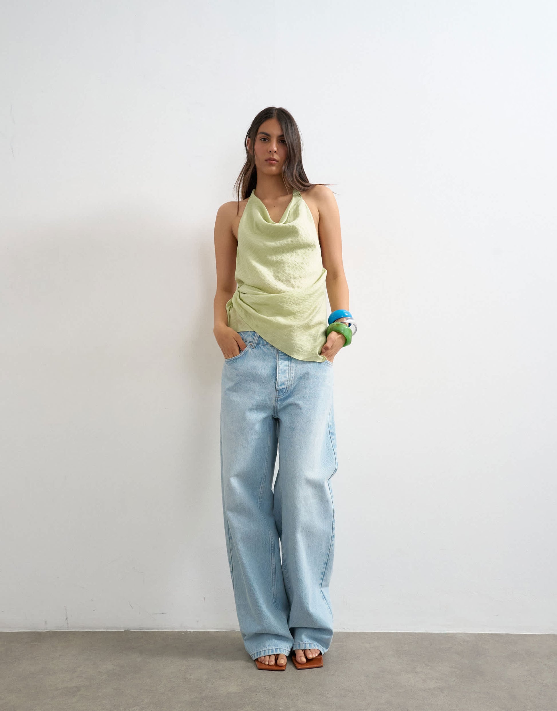 Topshop halter pinstripe draped cowl top in green